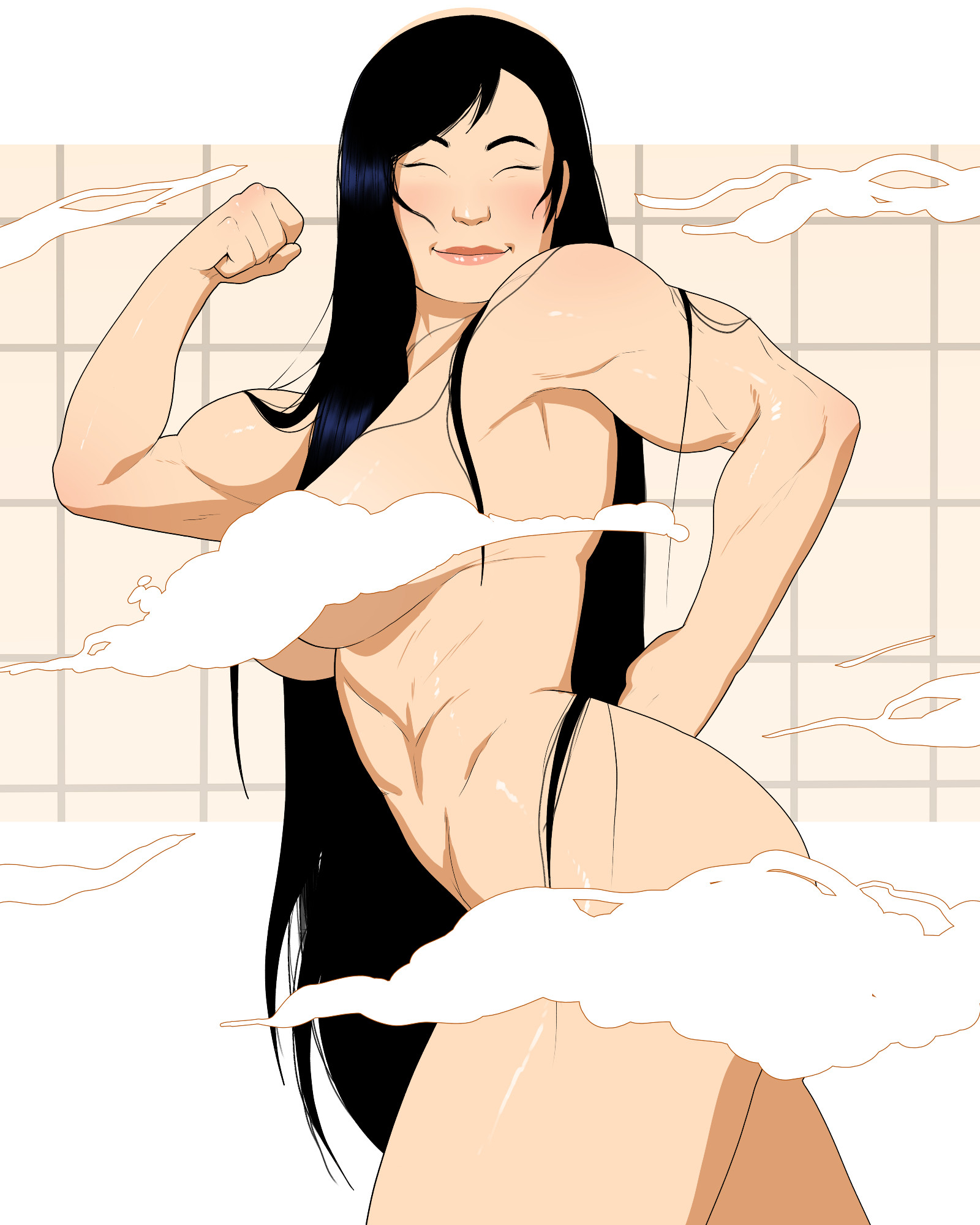 Tifa flexing and smiling naked in the shower but for carefully placed censorship steam. 