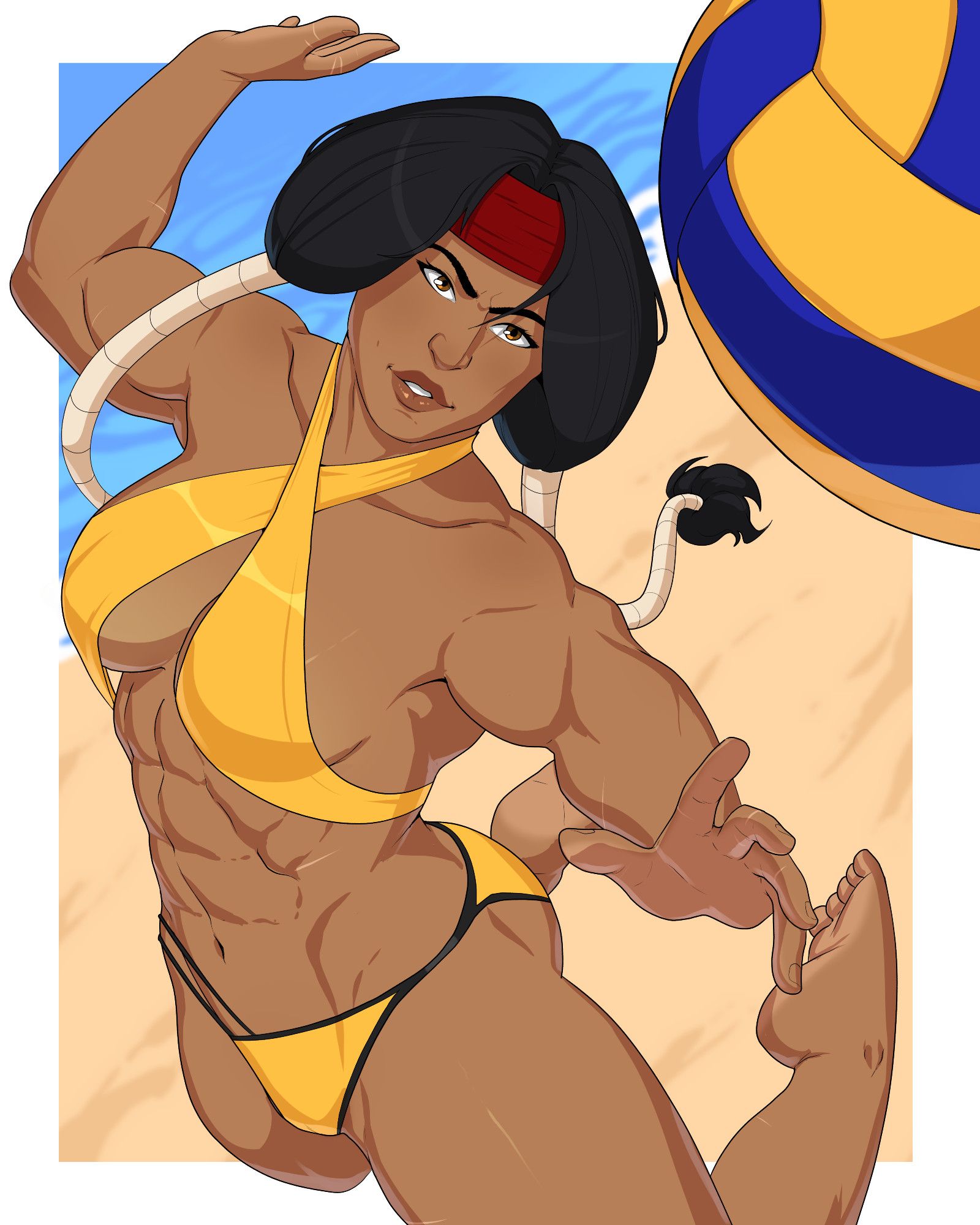 Dani Moonstar in a gold bikini on the beach, she's jumping to hit a volleyball.