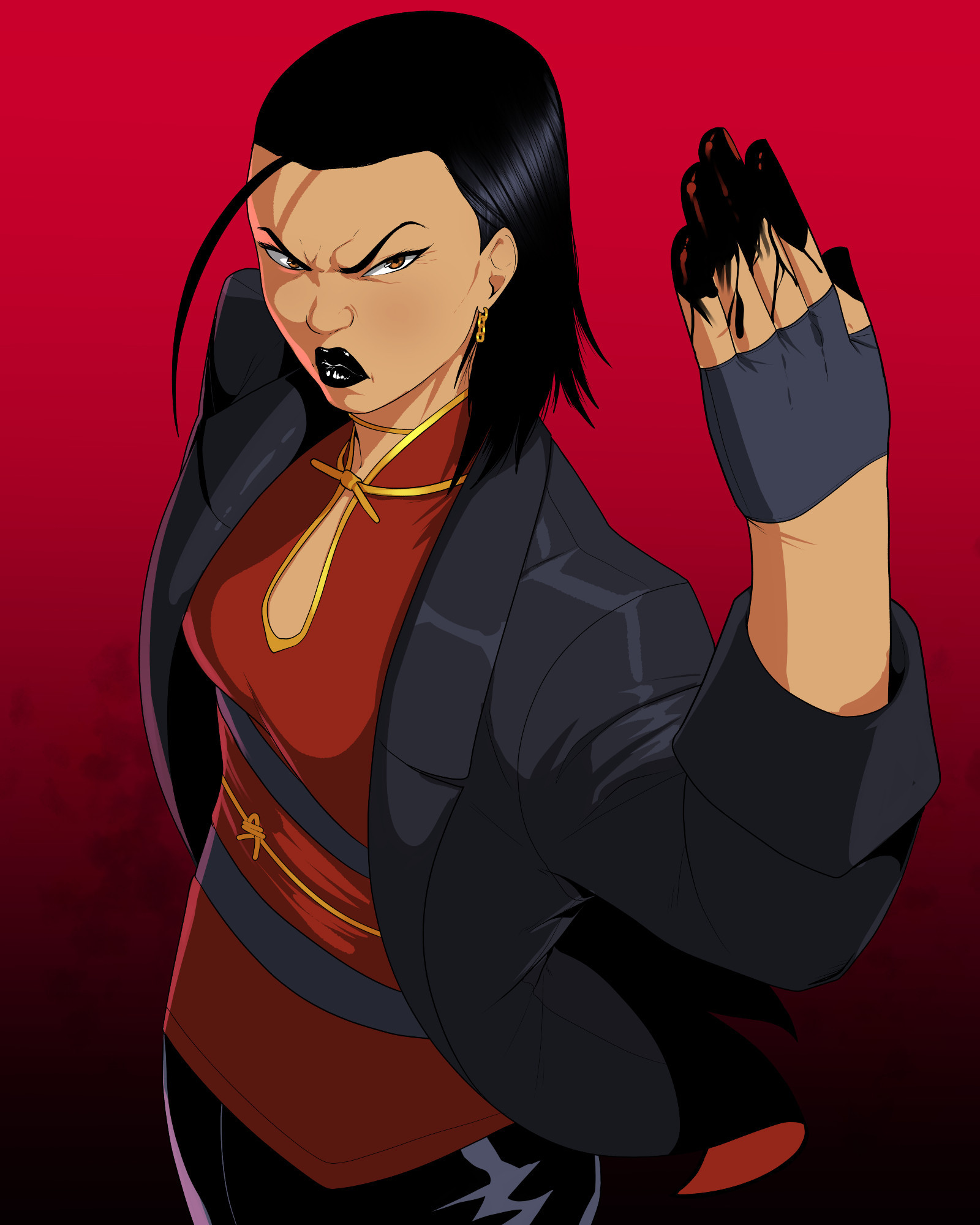 Lady Shiva from the top down holding a blood covered hand towards the viewer and glaring.