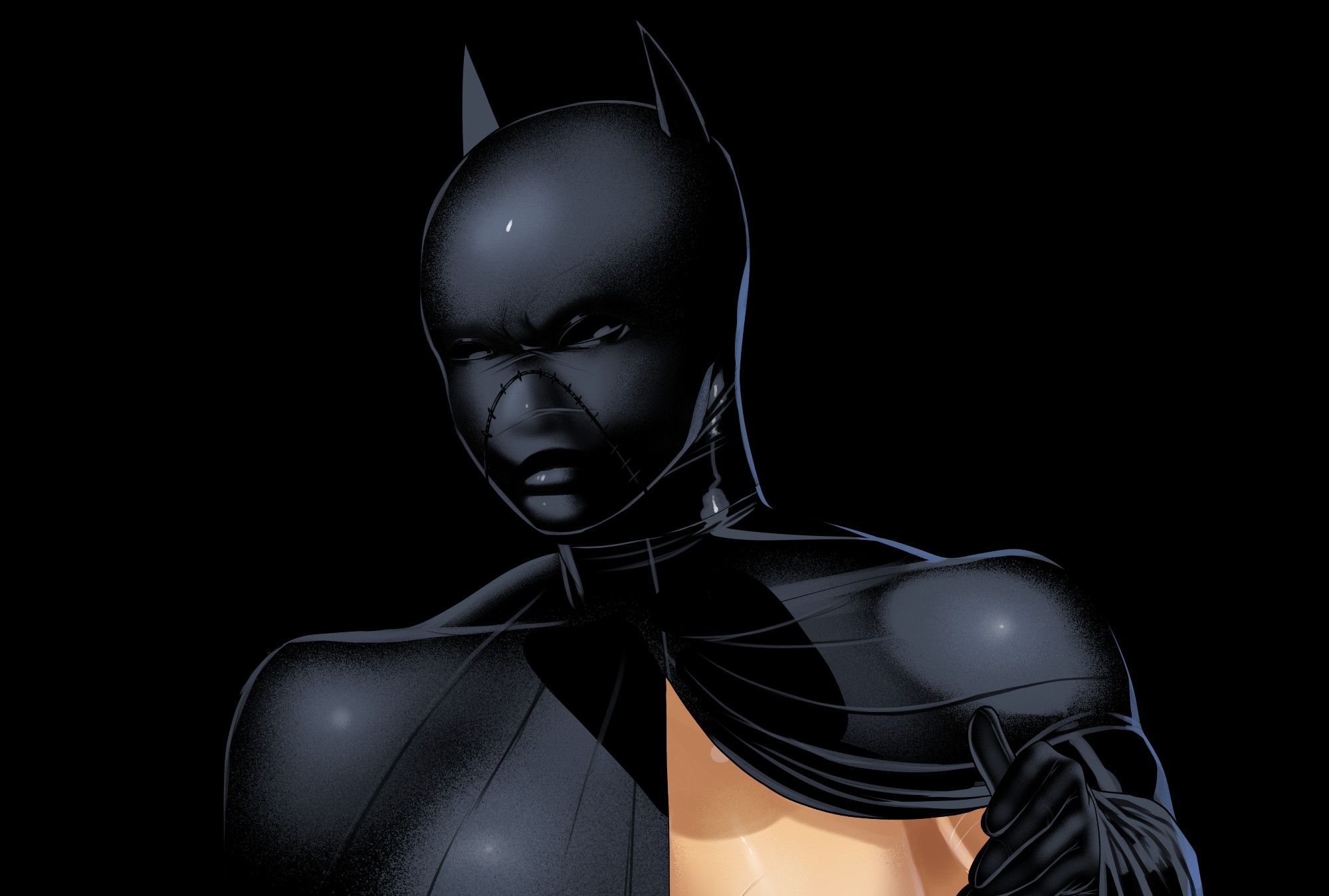 An image cropped from the shoulders up to be a preview. Cassandra Cain in Batgirl mask and cape and total darkness around her. She's lifting the cape up to show nothing underneath.