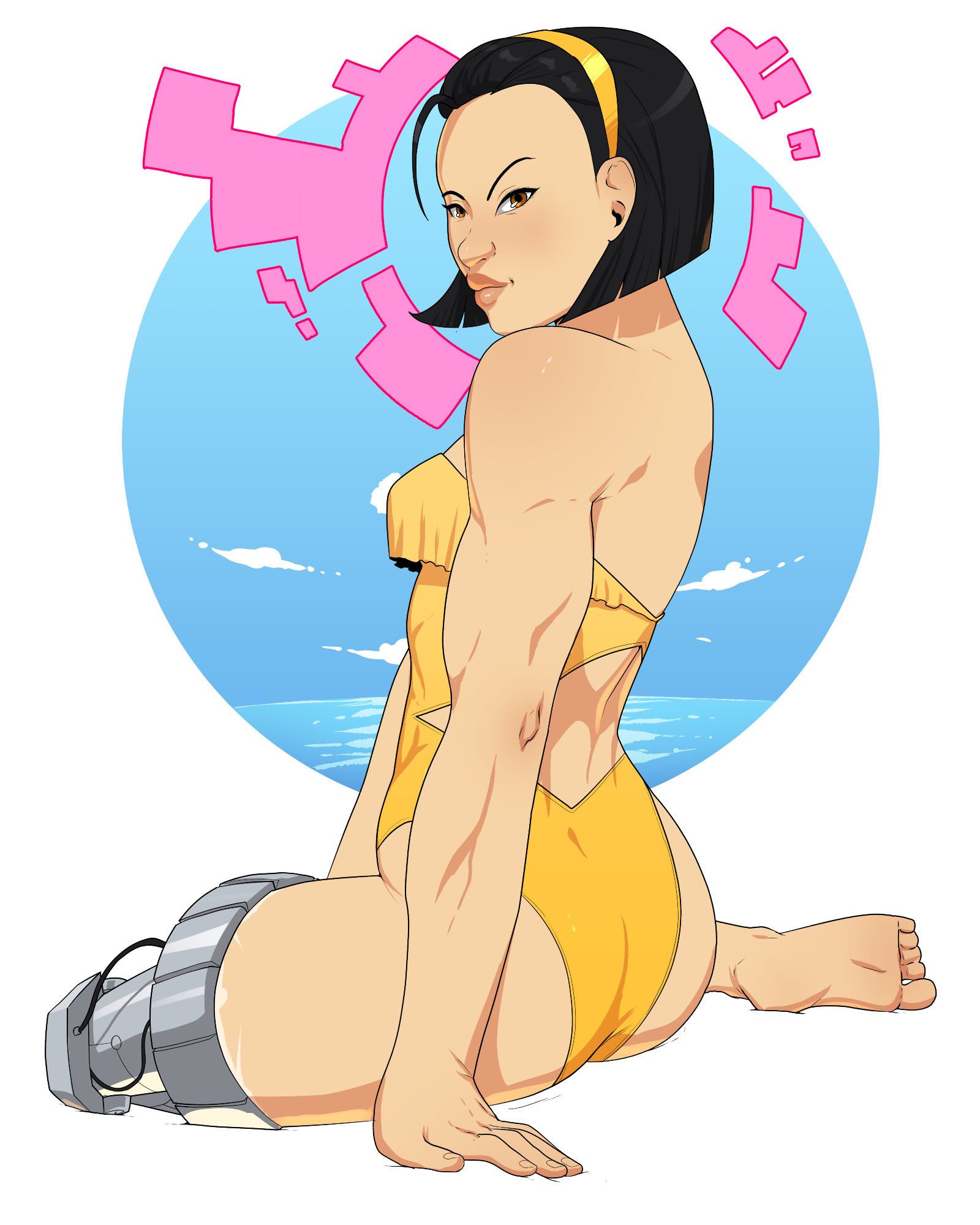 Karma from Marvel sitting in a one piece strapless yellow swimsuit with an open back and frills coming out the top, angled from beside her to show off her butt and chest, she's looking towards the viewer with her energy signature.