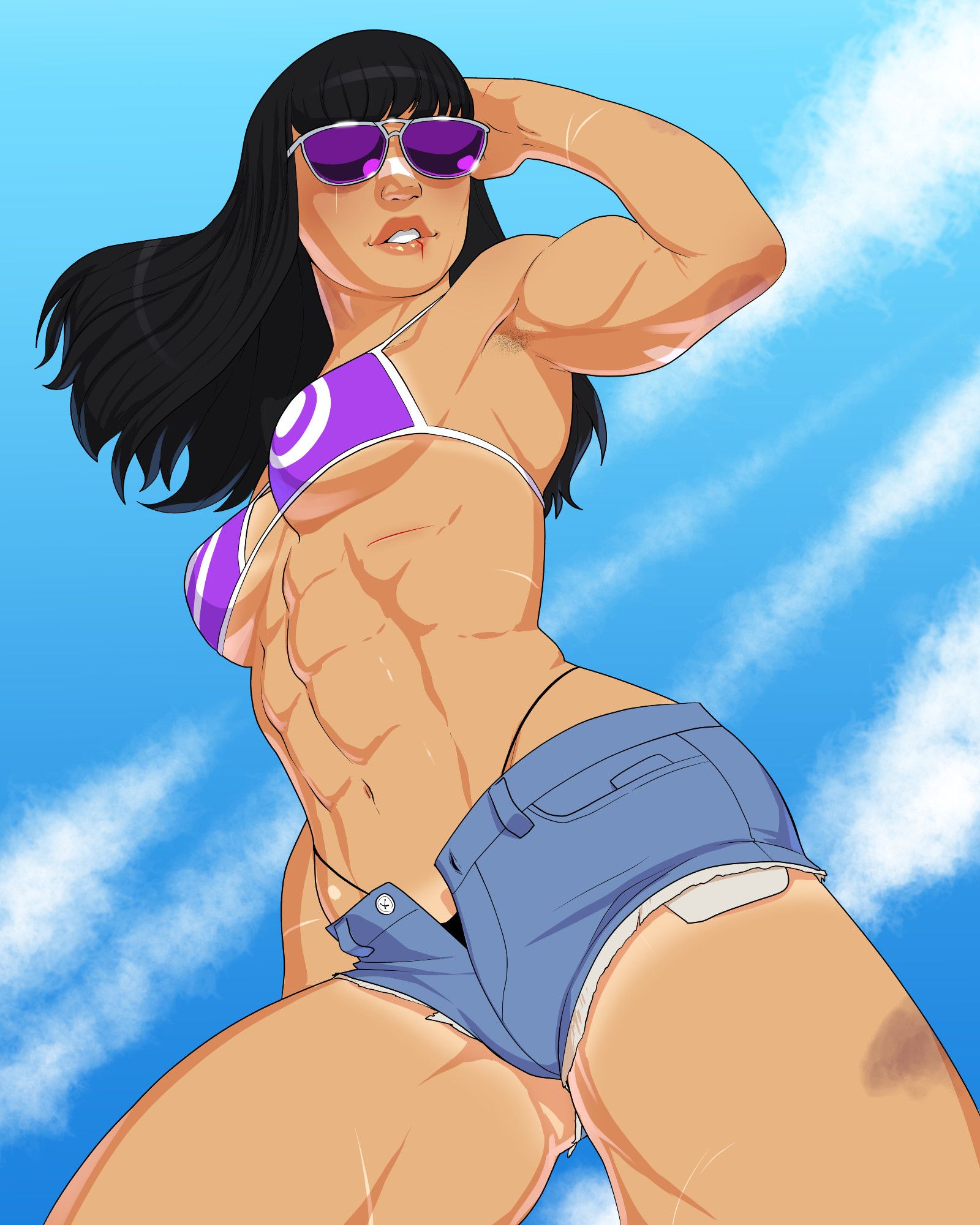 Kate Bishop sunglasses, a purple bikini top with while targets in the center, and Jean shorts, looking into the distance and adjusting her glasses. She's covered in scars, bruises, cuts, and bandages, has noticeable tan lines, and is shredded as fuck.