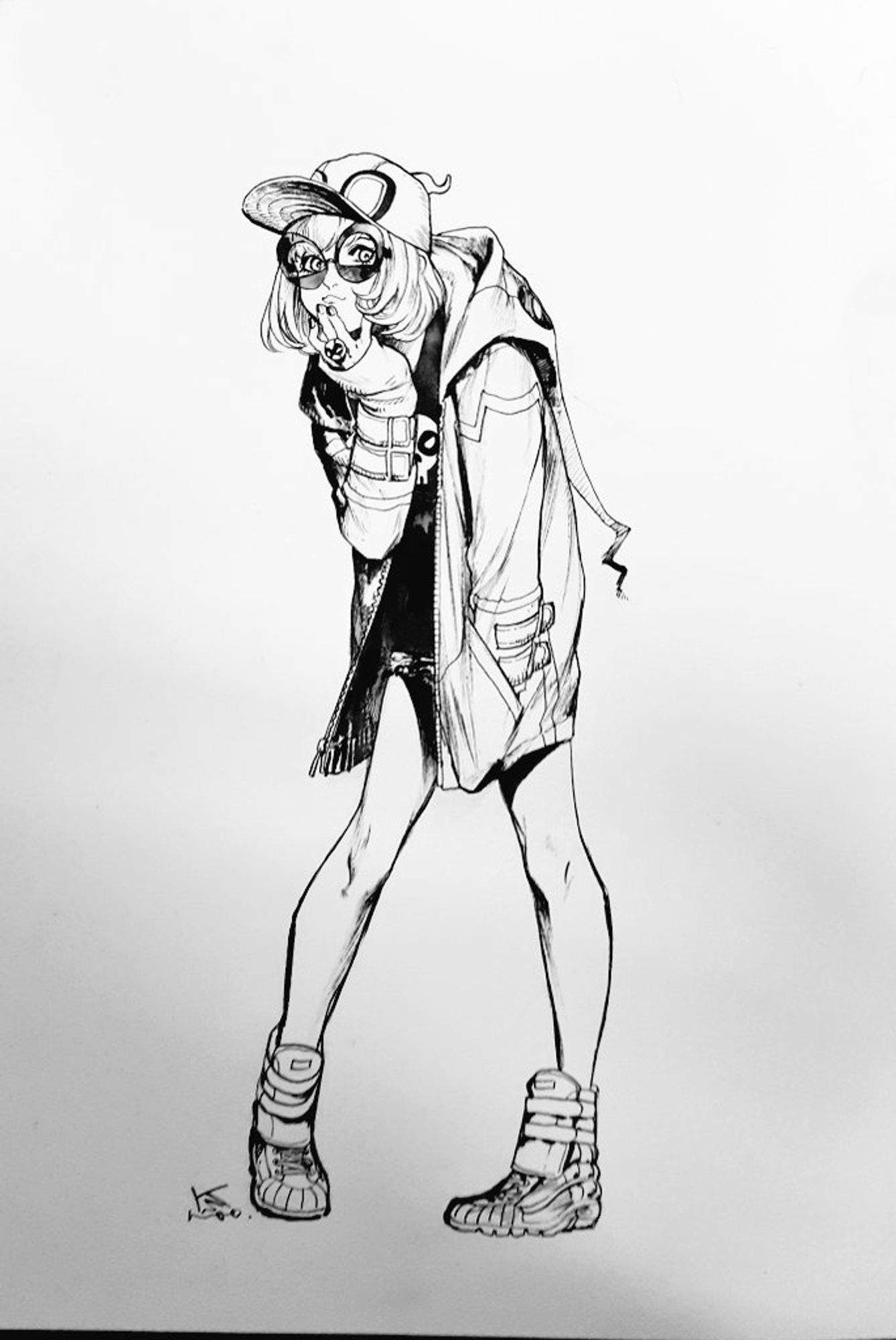 Line art fan art by Kamome Shirahama of Gwenpool decked out in her own merch (Hoody, hat, glasses, ring) slouched forward looking kind goofy, kinda playful, like a dork but in an endearing way.