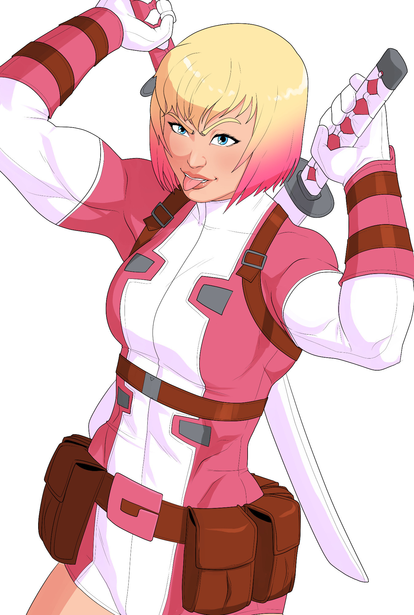 Gwenpool from above, without her mask, sticking her tongue out and holding the handles of her katana over her shoulders.