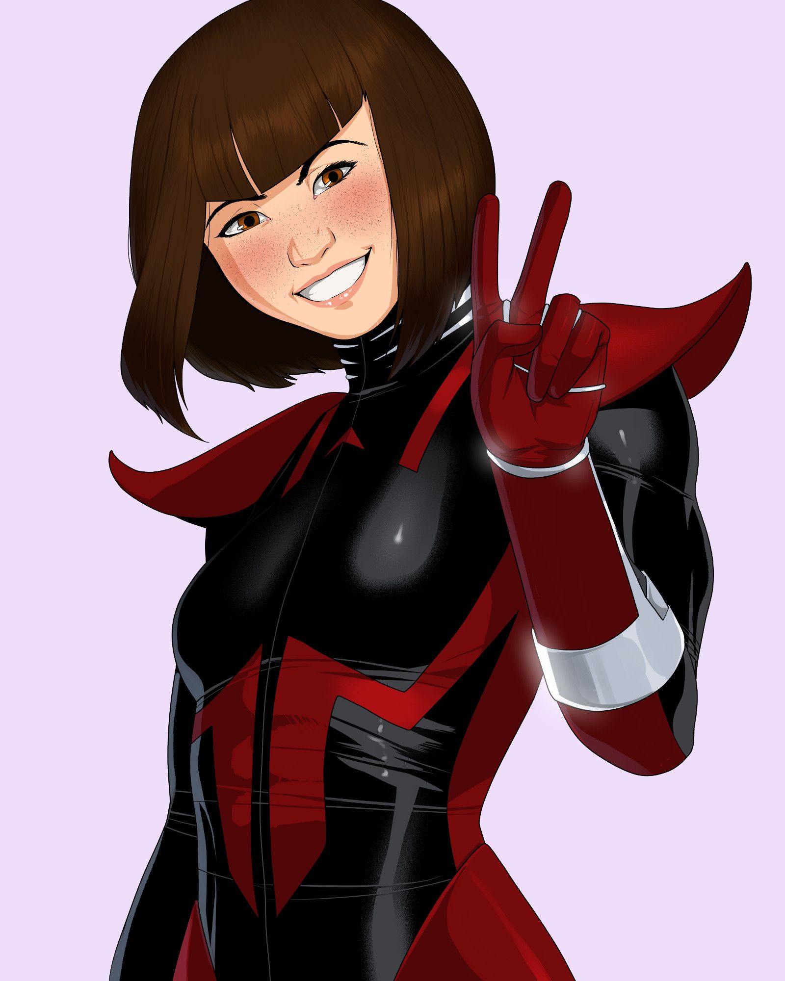 Nadia van Dyne smiling at the viewer and doing a peace sign.