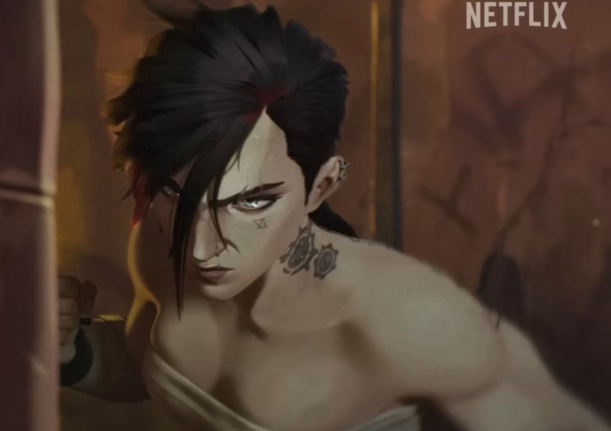 Screenshot of Vi from Arcane in her recently revealed pit fighter design, chest and arm wraps and black hair, but without the makeup. She's punching something we can't see, looks like she's training.