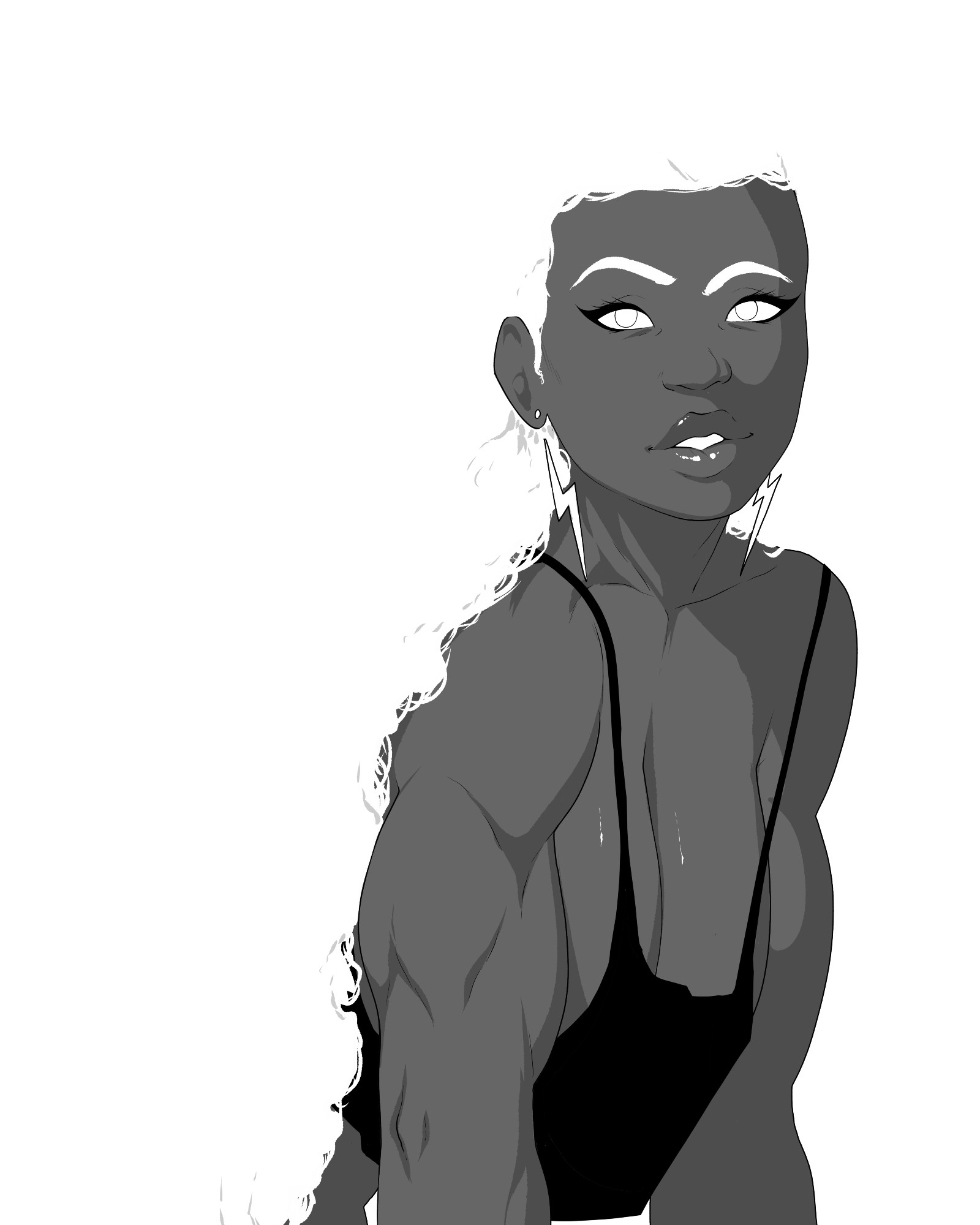 Greyscale fan art of Storm of the X-men from the waist up in a black tank top, she's leaning forward so her curly hair is covering her somewhat. Her hair is pure white blending into the negative space of the image. 