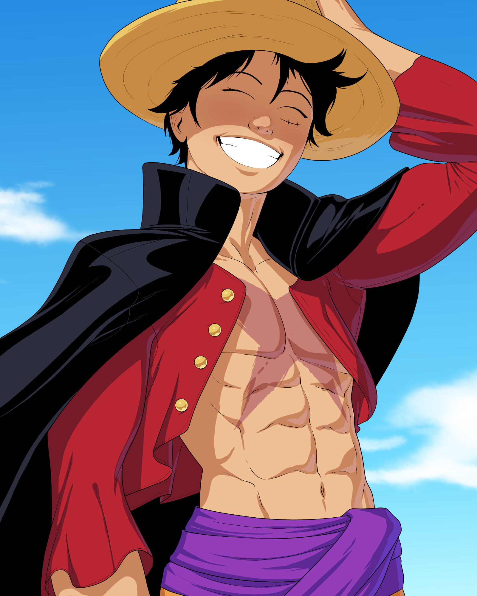 Luffy in his Onigashima outfit, the coat blowing in the wind, he's holding his hat on his head with a huge grin. 