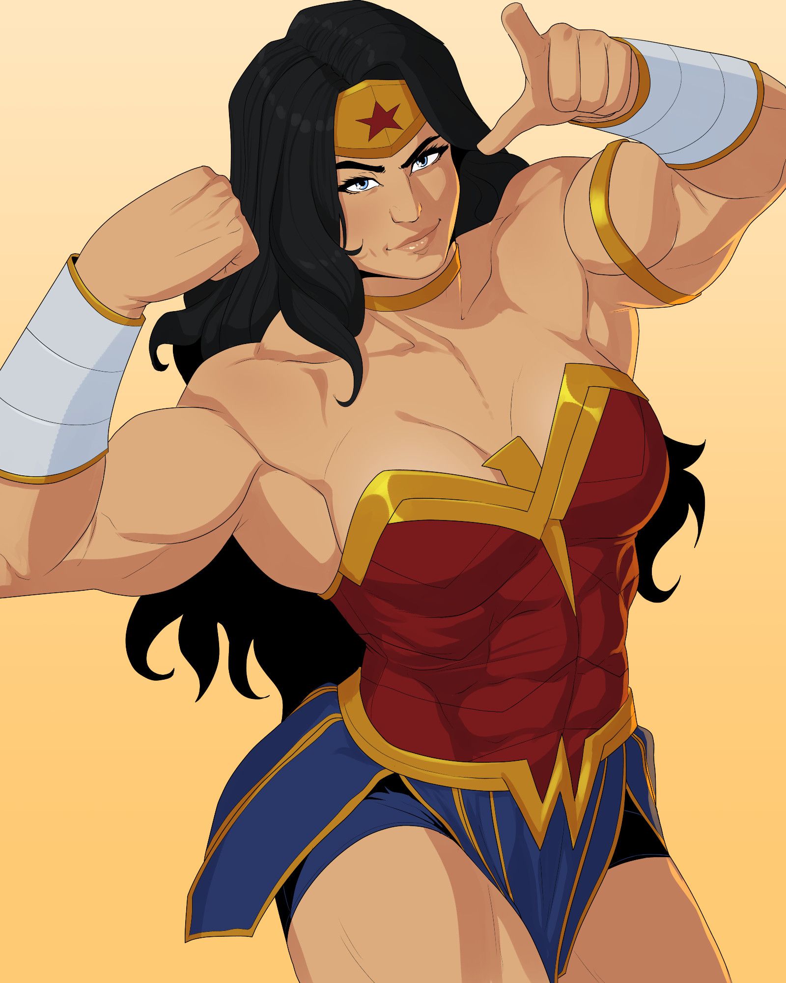 Wonder Woman from a top down angle, she's build like a power lifter with massive biceps, traps, and shoulders. She's flexing one arm and pointing up towards the viewer with a small smile and a raised eyebrow, showing off her physique.