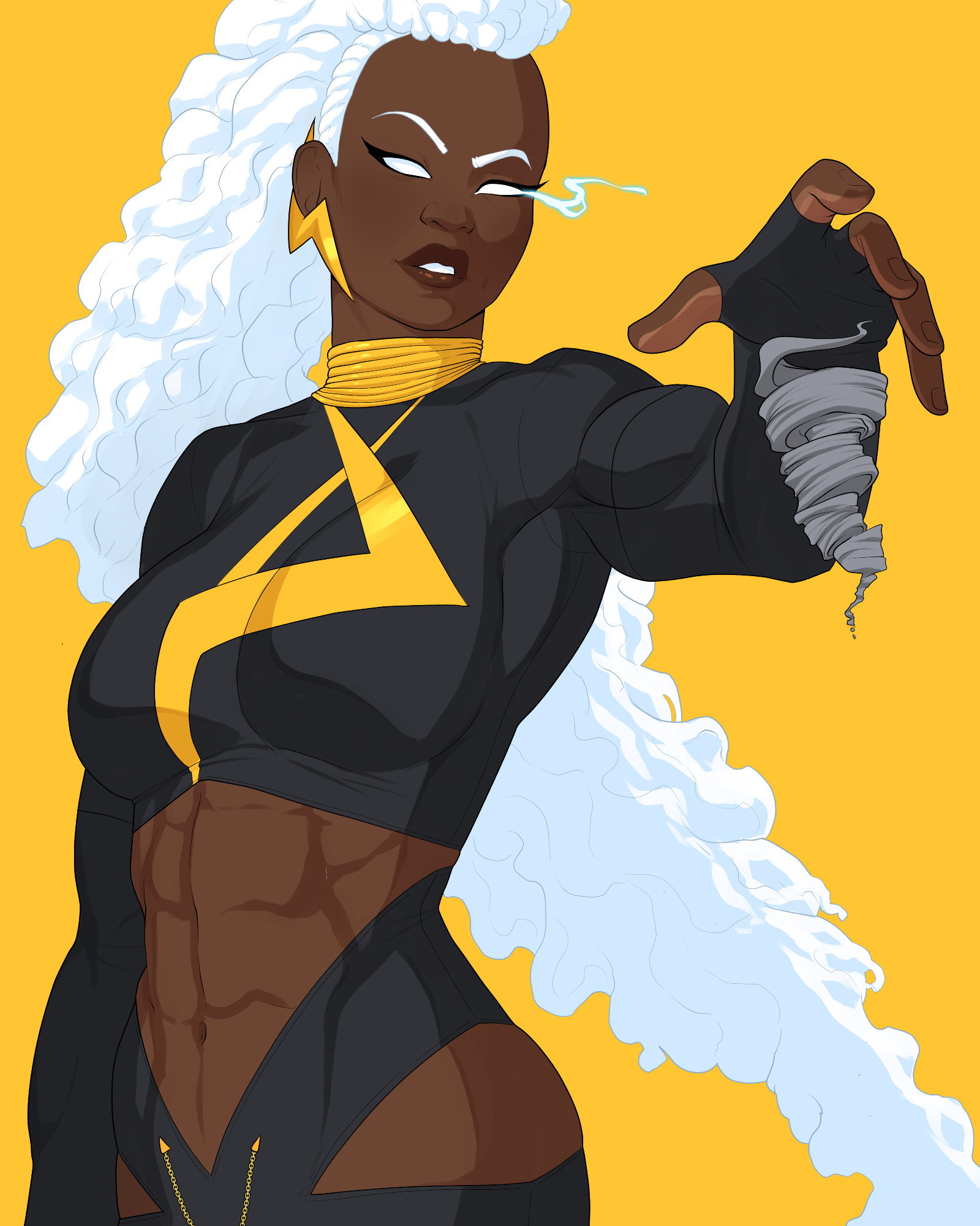 Fan Art of Storm from Marvel holding her hand forward with a small tornado forming under her palm.