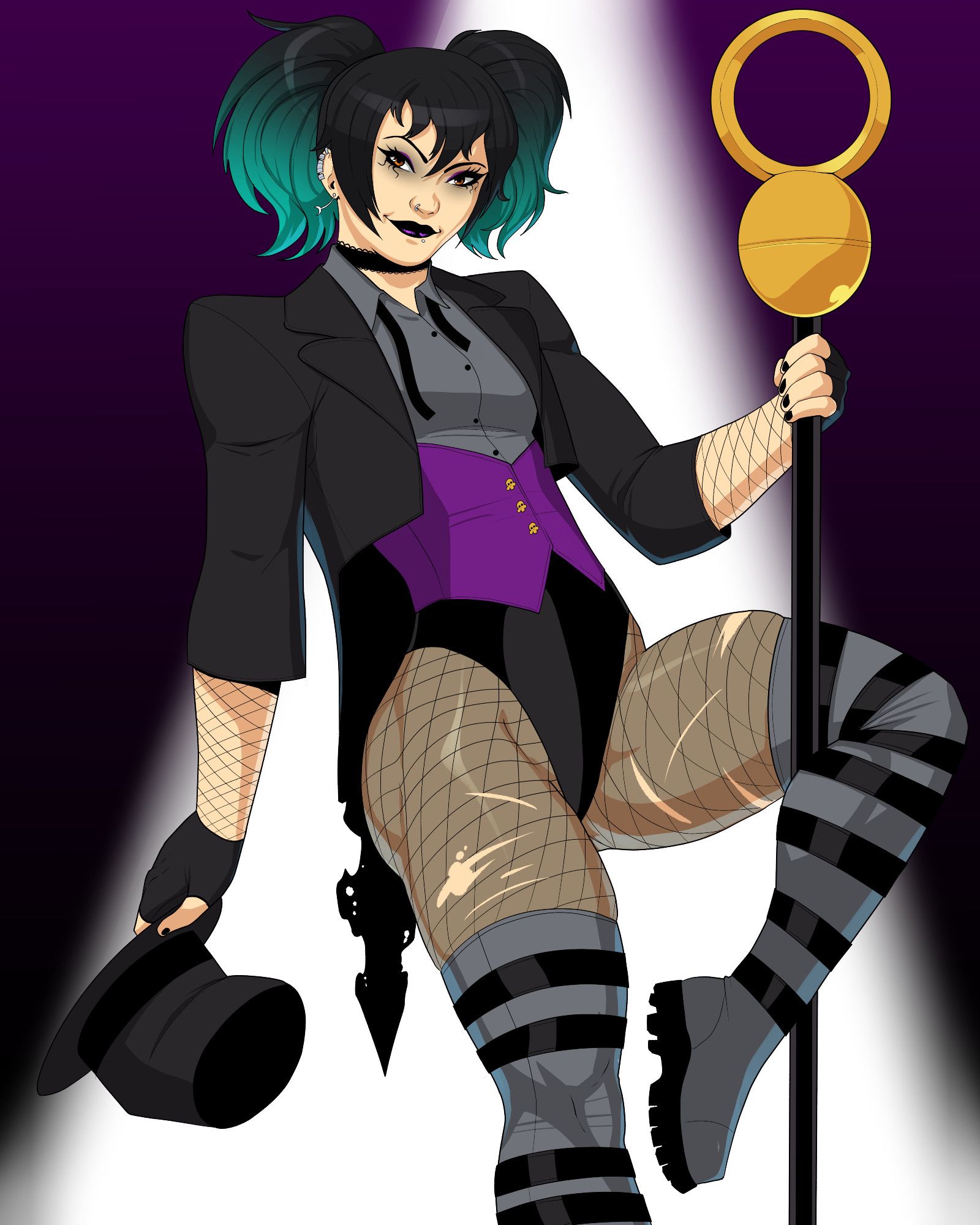 Nico Minoru from Marvel's Runaways in a goth stage outfit loosely inspired by Zatanna's magician outfit. She's got the coat but the tails at tattered, the swimsuit bottoms under a purple vest with gold skull buttons, a grey shit with an undone black bowtie, a frilly black choker, grey boots with several black belts that go up to mid thigh, torn fishnet leggings, and a bent tophat. Her hair is up in two round pigtails and tapers into teal. She's leaning back and being held up by her leg wrapped around the Staff of One and smiling towards the viewer.