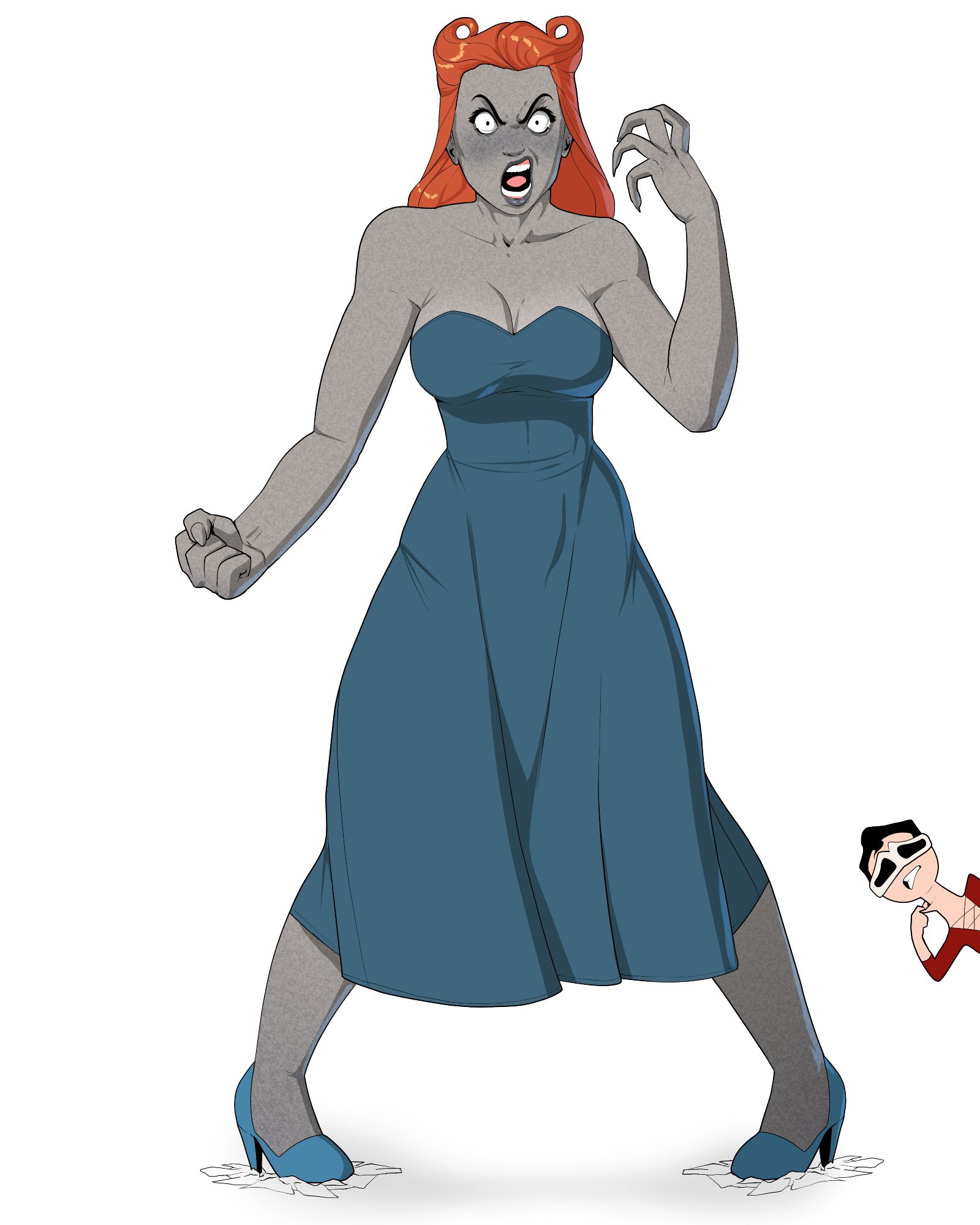 Lady Granite from Plastic Man in her original design with her blue strapless dress and heals. She's got her feet planted and is screaming towards the viewer, one hand forming a fist and the other forming a claw. Behind her is a small cartoon Plastic Man looking nervous and pulling on her neck like he's loosening a collar.