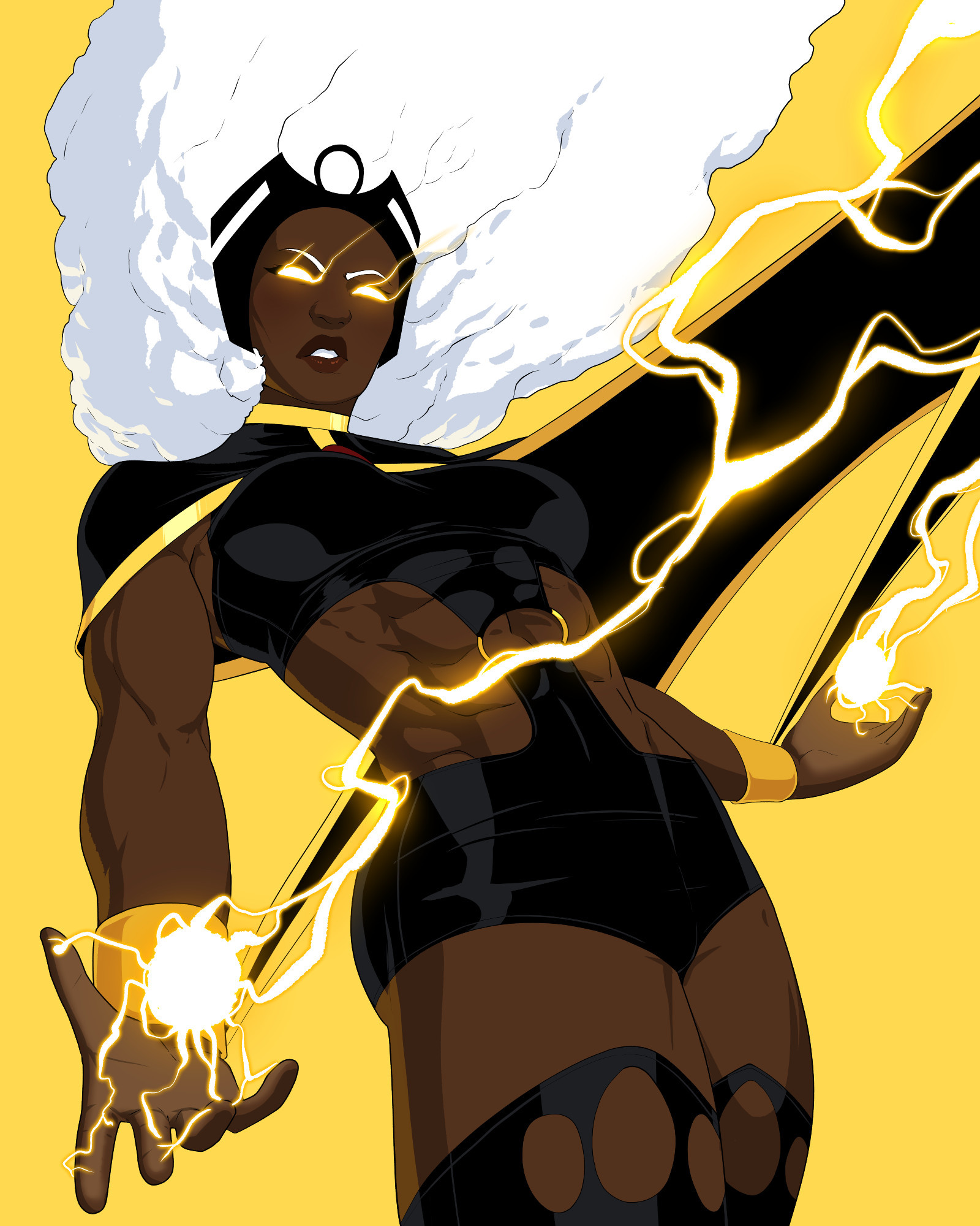 Storm in her original outfit summoning ball lightning into her hands. Lightning is steaming from her eyes and her cape and afro are blowing in the wind.