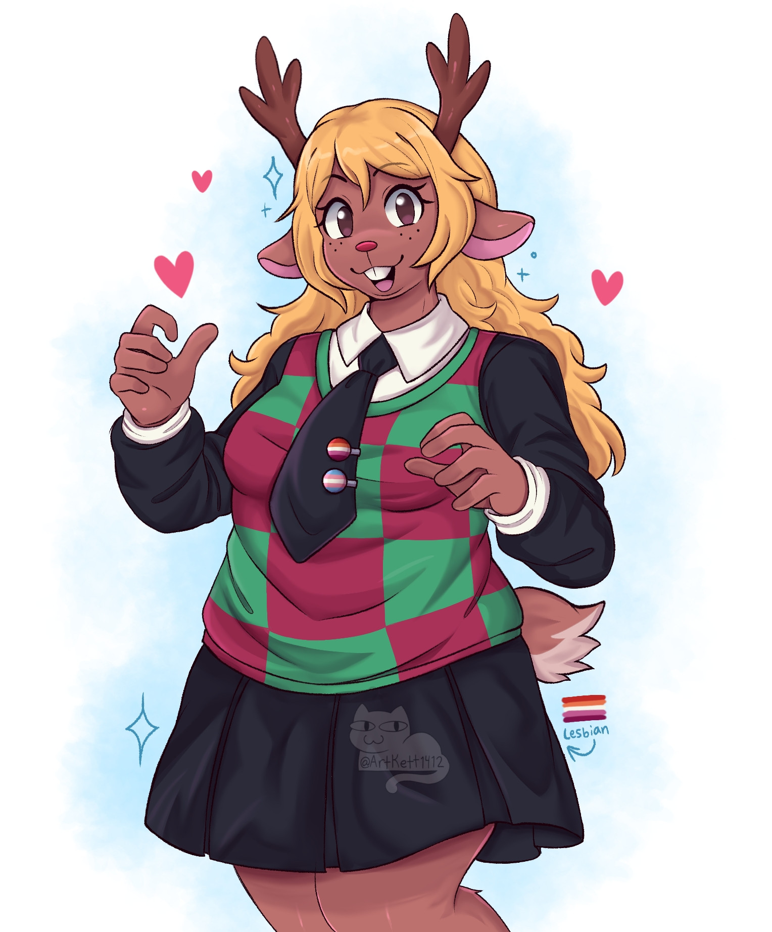 Noelle Holiday from Deltarune she's standing doing a cute pose. She's drawn with a bit of a chubbier body type and is given a black tie with her usually canon outfit that has clips of the lesbian and transgender flag on it
