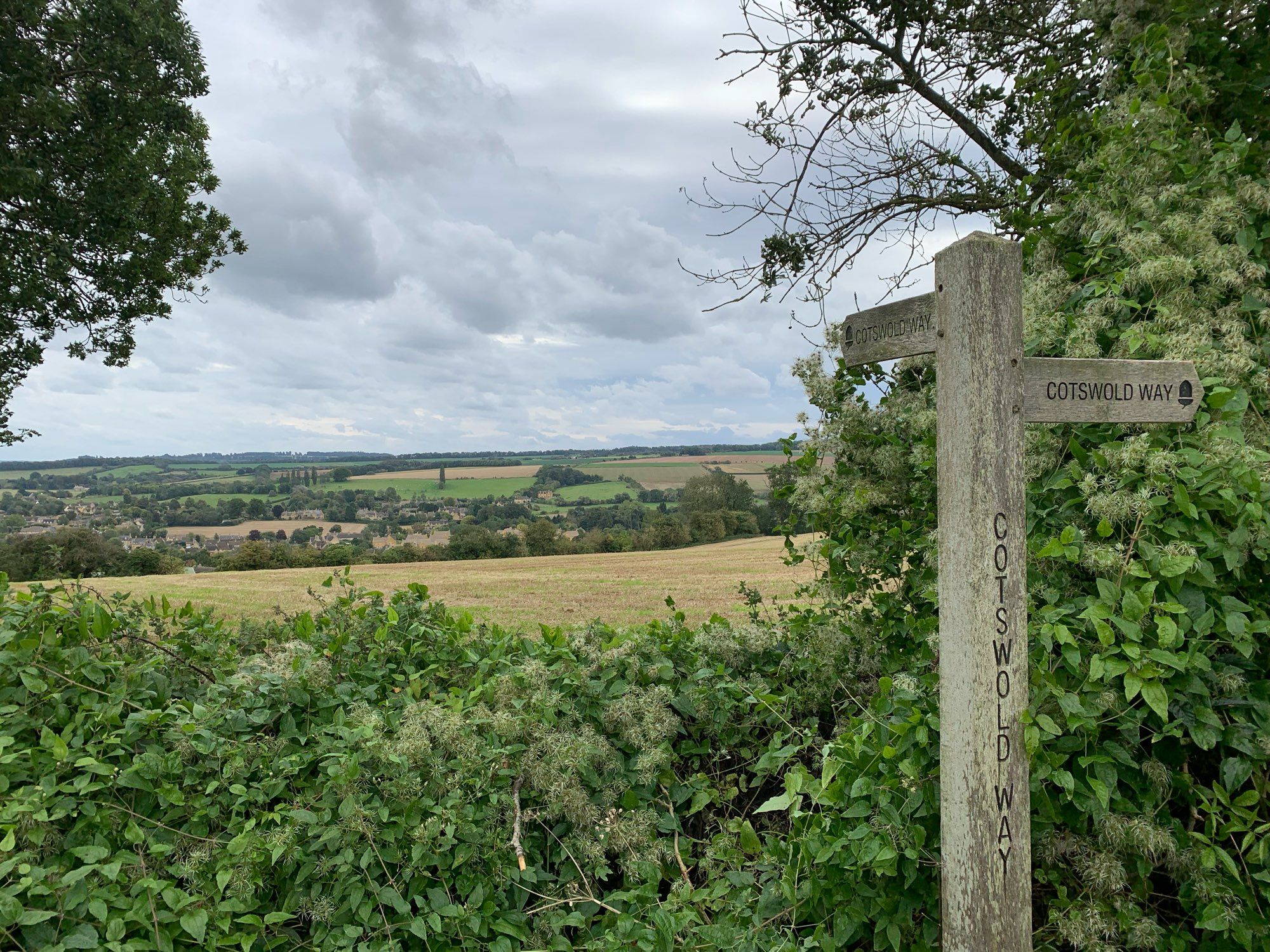 View back to Chipping Campden over fields with Cotswold Way fingerpost in the foreground