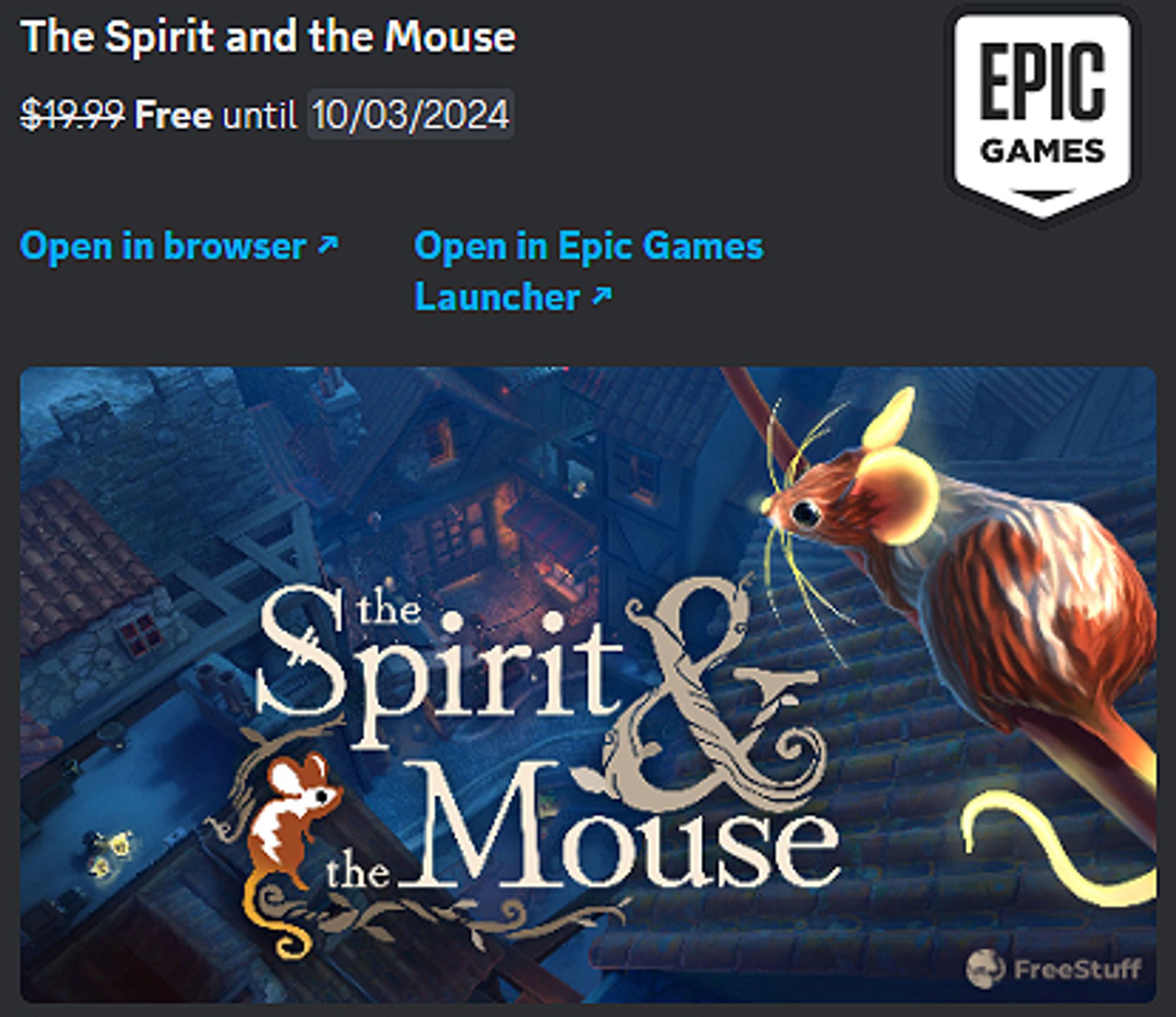 Image - The Spirit and the Mouse Game, free until 10/03/2024 via Epic Games with logo for the game.