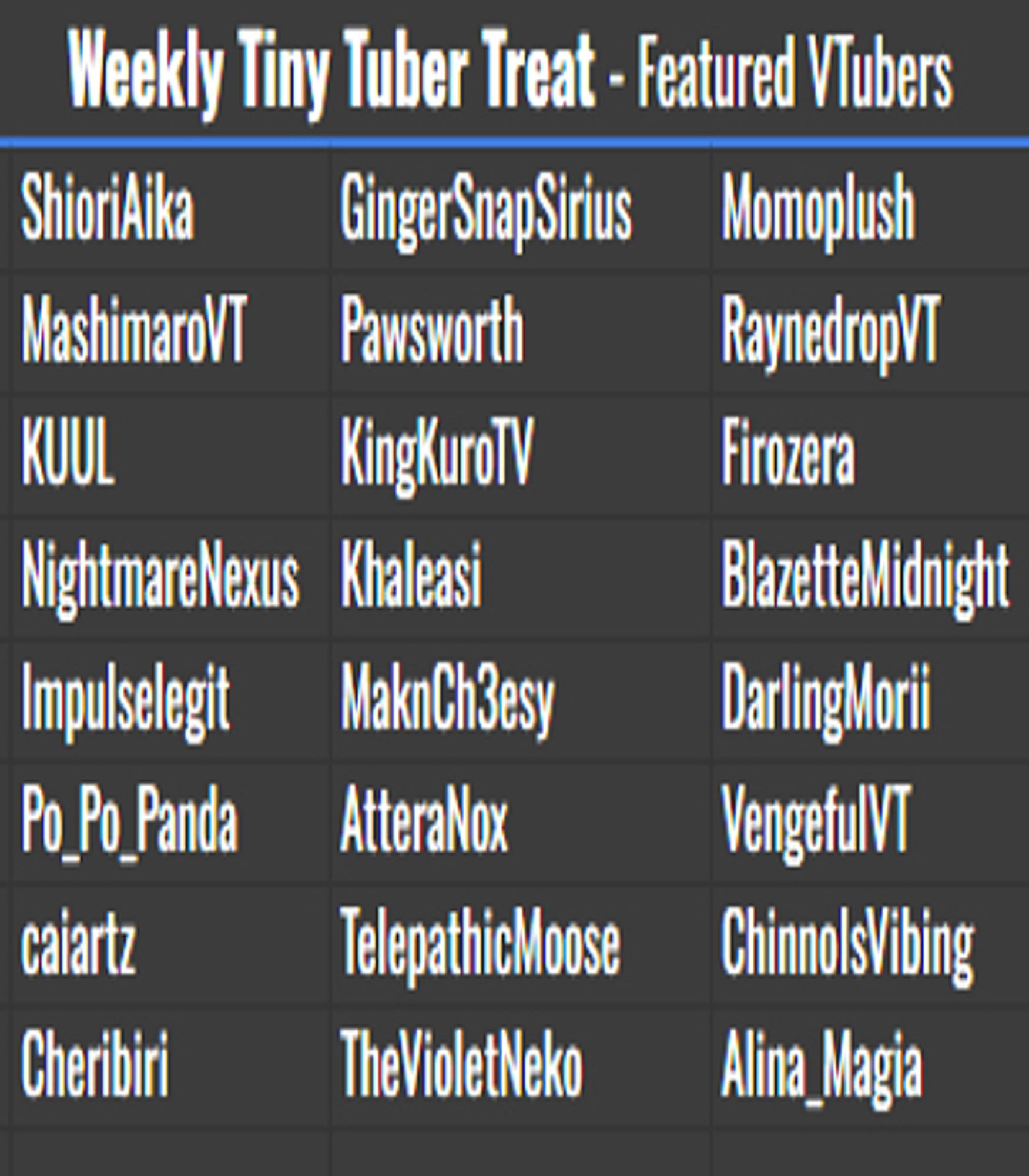 Image List - Weekly Tiny Tuber Treat - Featured Vtubers: ShioriAika, GingerSnapSirius, Momoplush, MashimaroVT, Pawsworth, RaynedropVT, KUUL, KingKuroTV, Firozera, NightmareNexus, Khaleasi, BlazetteMidnight, Impulselegit, MaknCh3esy, DarlingMorii, Po_Po_Panda, AtteraNox, VengefulVT, caiartz, TelepathicMoose, ChinnoIsVibing, Cheribiri, TheVioletNeko, Alina_Magia