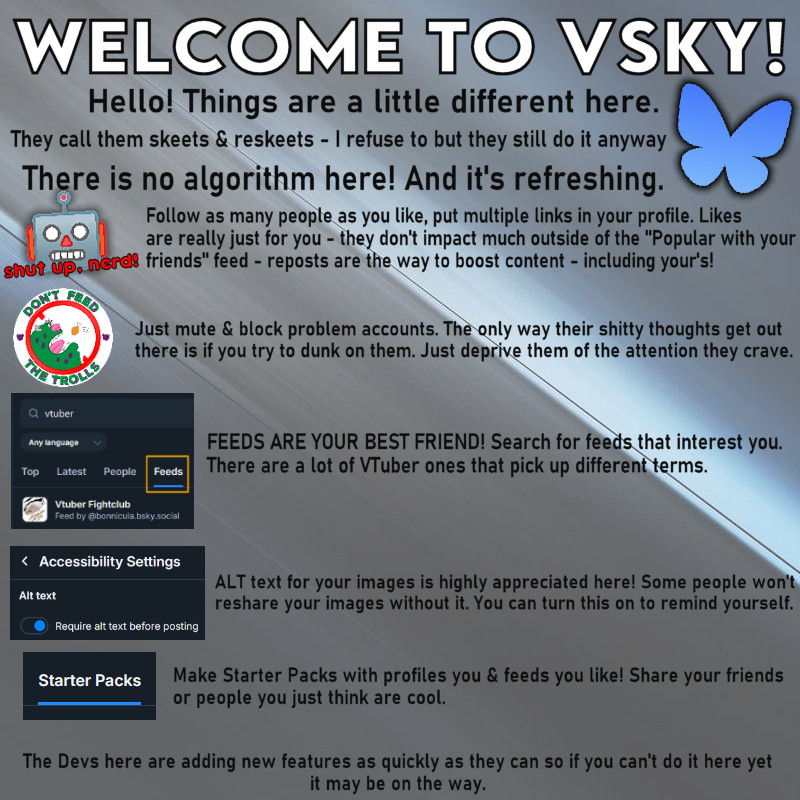 Image is a graphic welcoming new vtubers to Bluesky - it includes information about some of the features here & a little about the culture of the site as well.