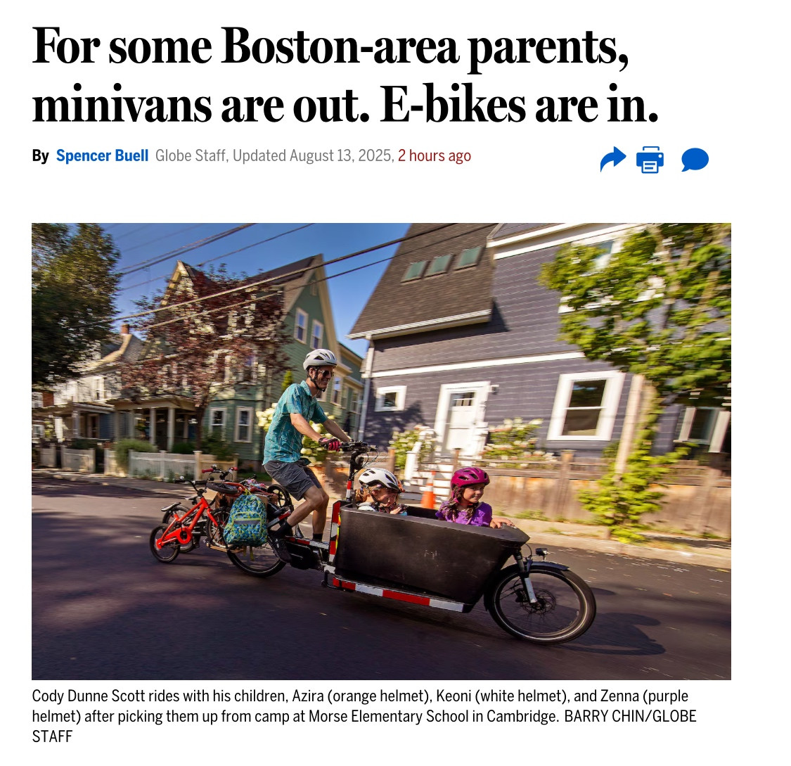 Boston globe headline: “For some Boston-area parents, minivans are out. E-bikes are in.”