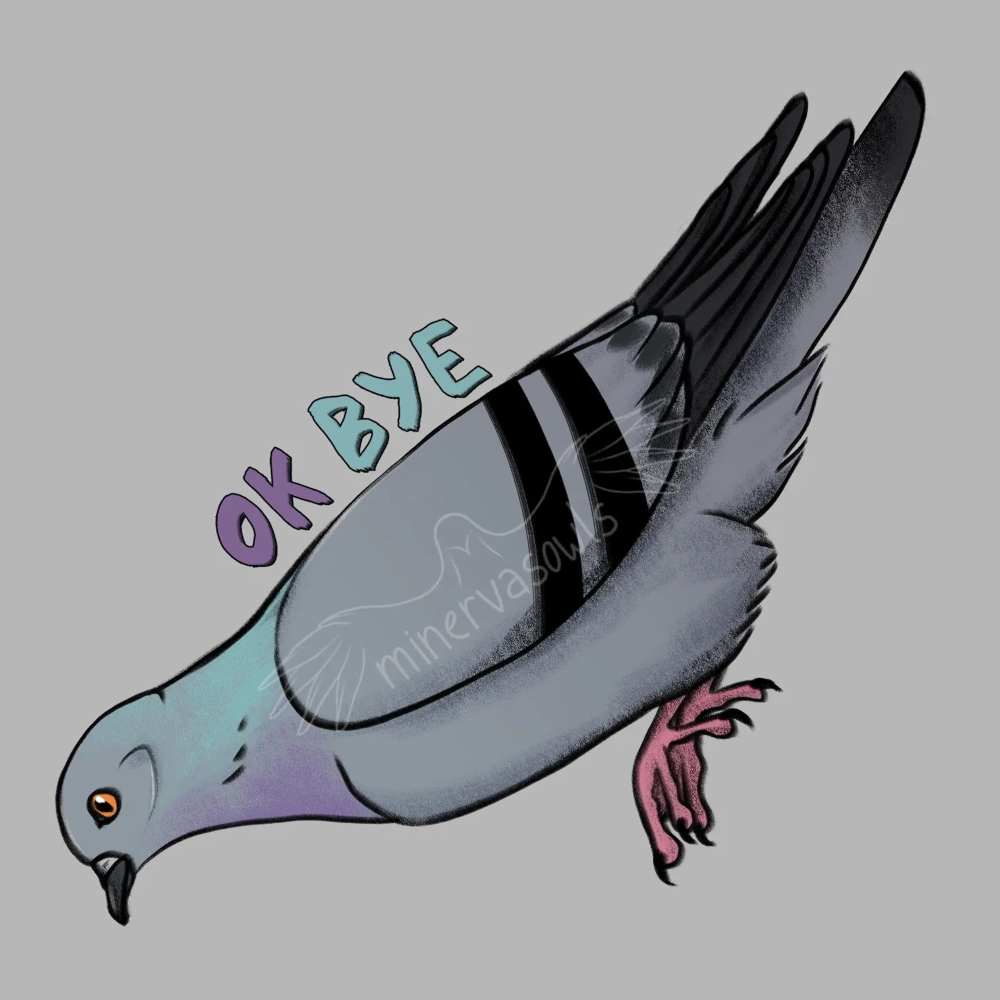 Digital Artwork of a pigeon jumping down with "ok bye" written