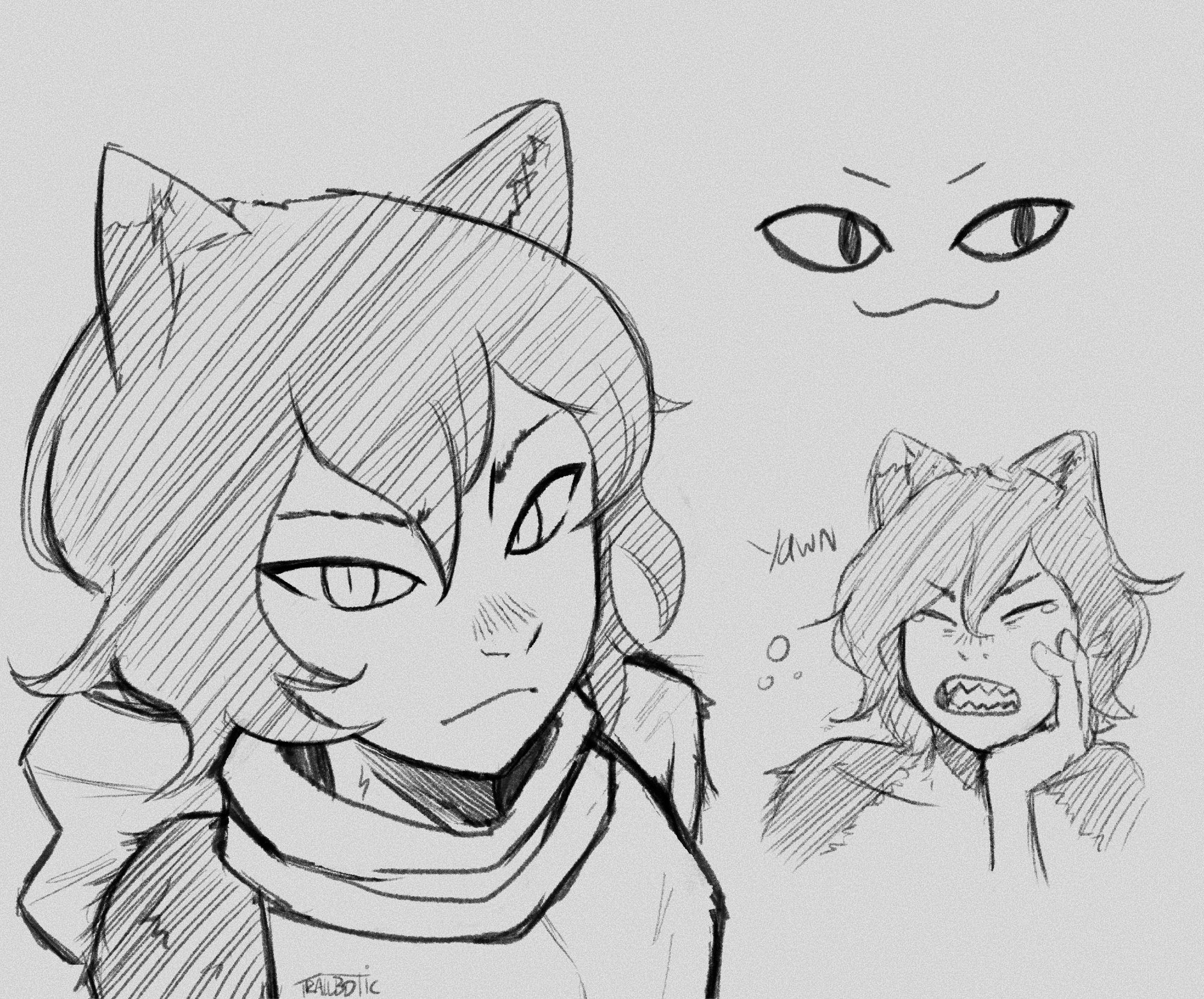 Sketches of Izutsumi from Dungeon Meshi, one close up, one yawning