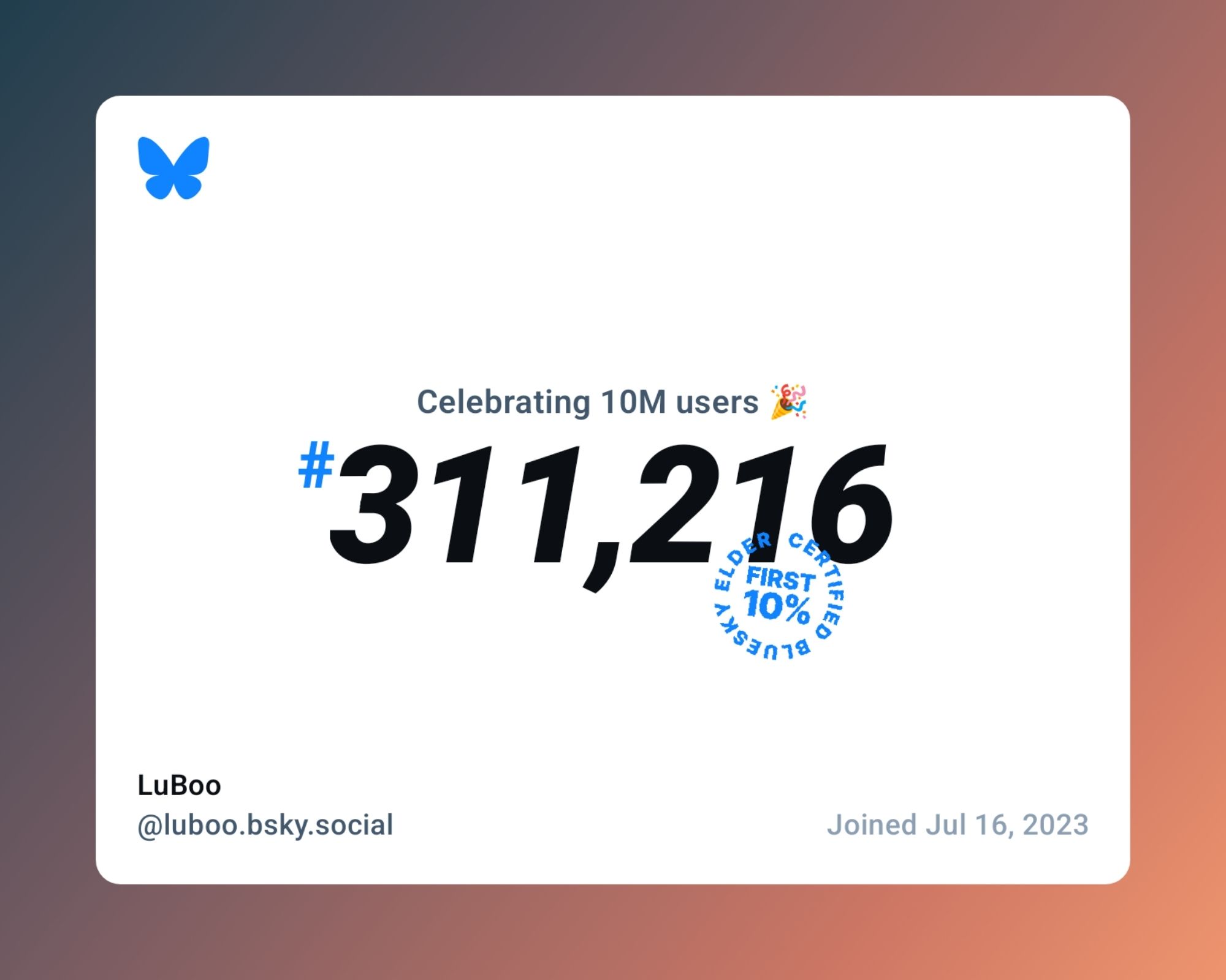 Bluesky user badge showing that I was user # 311,216.