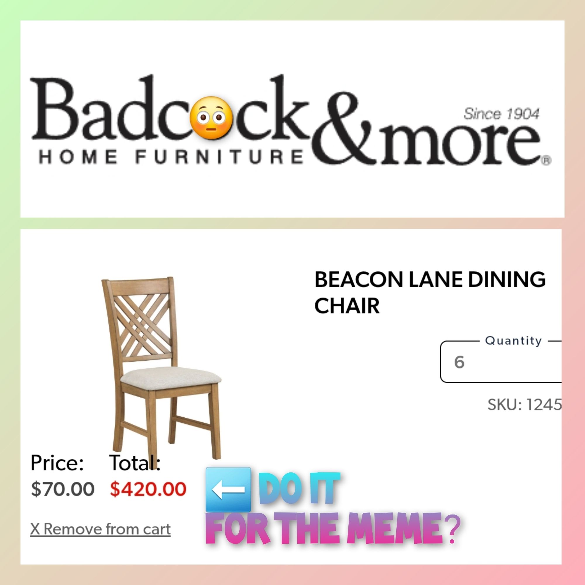 An image showing the Badcock & More Home Furniture logo (with a blush emoji censoring the o in cock)

Below is a picture of a sand brown dining chair with criss-cross back and cream cushion. The Beacon Lane Dining Chair, at $70 each, quantity 6, comes to Total $420

An arrow pointing at the number asks, "Do it for the meme?"