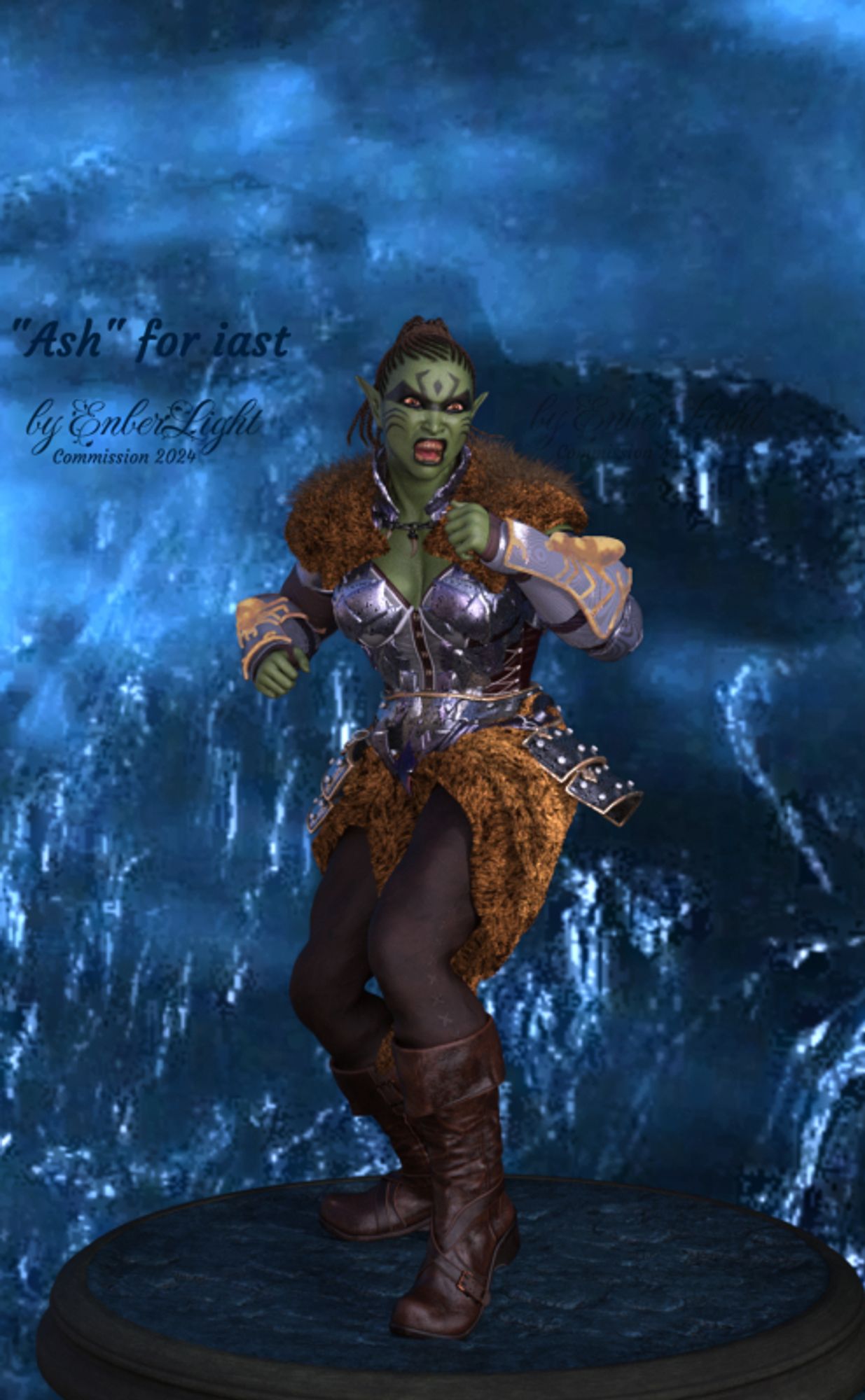 A green half-orc female stands in a brawl-ready post, roaring a challenge to someone just past the viewer. She's wearing a fur skirt and cloak, and silver armor bracers, hip guards, and corset. The metal picks up a light lavendar sheen. The bracers are ornamented with gold spiders in strong relief. The background is a twilight-dim rocky blue expanse shrouded in fog.

Text: "Ash" for iast by EnberLight, Commission 2024