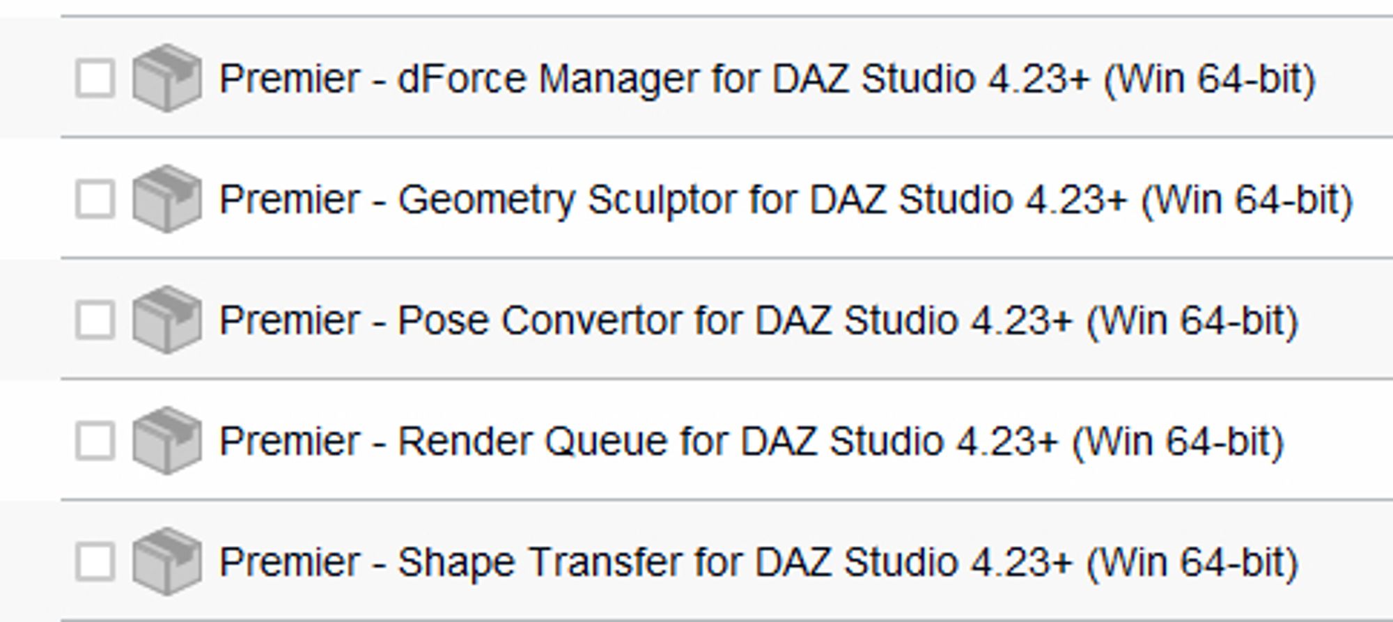 A screenshot of the DAZ program installer showing the Premium upgrade items pending install. There's a dForce Manager, Geometry Sculptor, Pose Convertor, Render Queue, and Shape Transfer