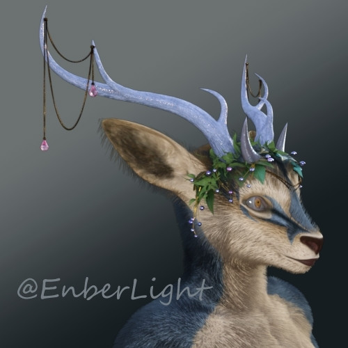 A realistically styled headshot WIP of EnberLight's custom species, Cervulpes Lunaris. It is a deerlike anthro with backswept horns, but foxlike features in the muzzle build, body, and tail. Feet are hoofed, and forearms and hands resemble eagle claws.