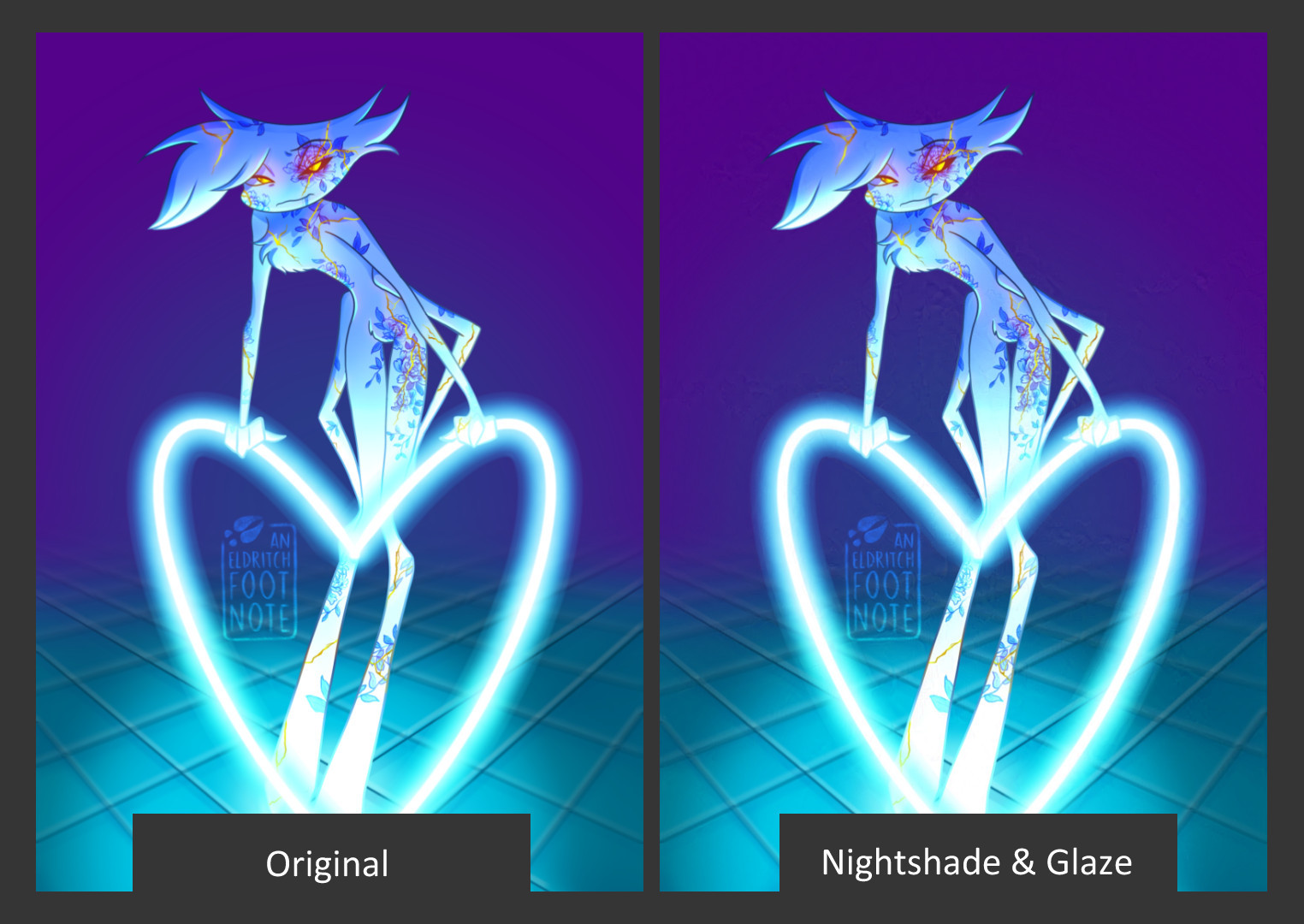 Comparison image of two illustrations showing the difference between the original (left) and the version with Nightshade and Glaze (right)