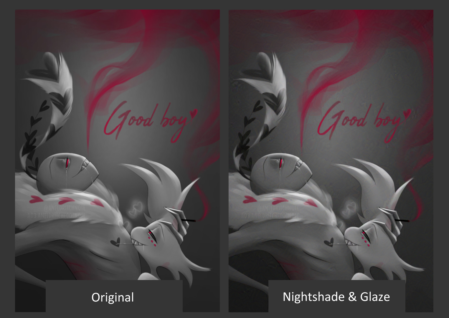 Comparison image of two illustrations showing the difference between the original (left) and the version with Nightshade and Glaze (right)