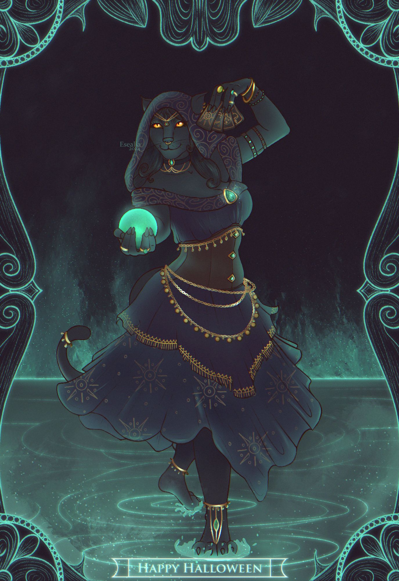 A khajiit wearing Romani-inspired clothing dancing in eerie shallow water whilst holding a glowing crystal ball and four tarot cards.