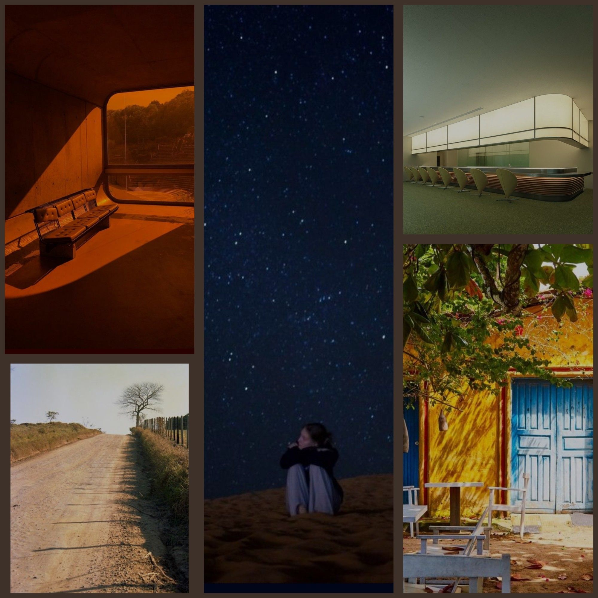 Moodboard do próximo lançamento: estradas de terra, casas de campo, um refeitório futurista, uma sala de espera com iluminação alaranjada e, ao centro, uma mulher abraça os joelhos debaixo de um céu estrelado. Se você leu até aqui, te conto que o livro terá versão física e eletrônica, e é do gênero "ficção científica rural" ou "Dias Gomes encontra Ray Bradbury e eles foram tomar um café."