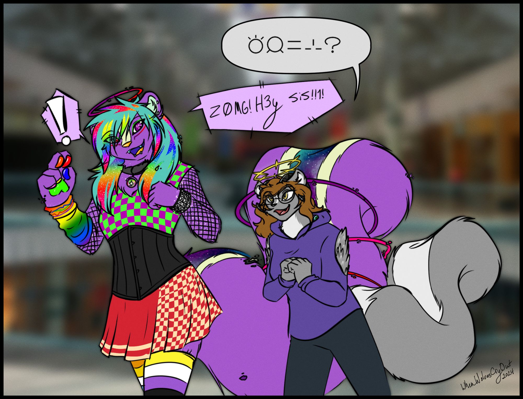 a VERY colorful scene sparklefur skunk that has a cosmic tailstripe, talks to voi's sister in old 2000's peak "Z0MG H3y sis!!1!" 
while her sister walks alongside, wearing more casual clothes. Both having assorted halos, and upper arm feathers poking through the little sisters hoodie.