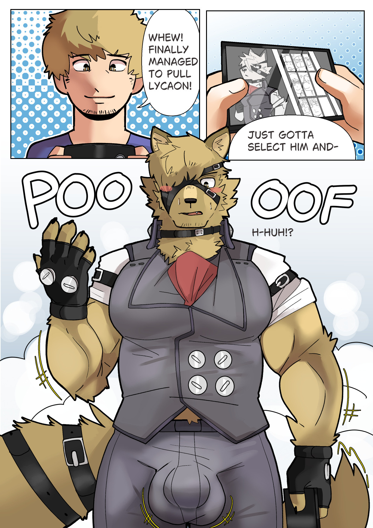 Panel 1: "Whew! Finally managed to pull Lycaon!"
Panel 2: "Just gotta select him and-"
Panel 3: "Huh!?" (They are suddenly turned into Von Lycaon from Zenless Zone Zero but with their hair coloration. The suit is a bit too tight for them so that bulge is super apparent."