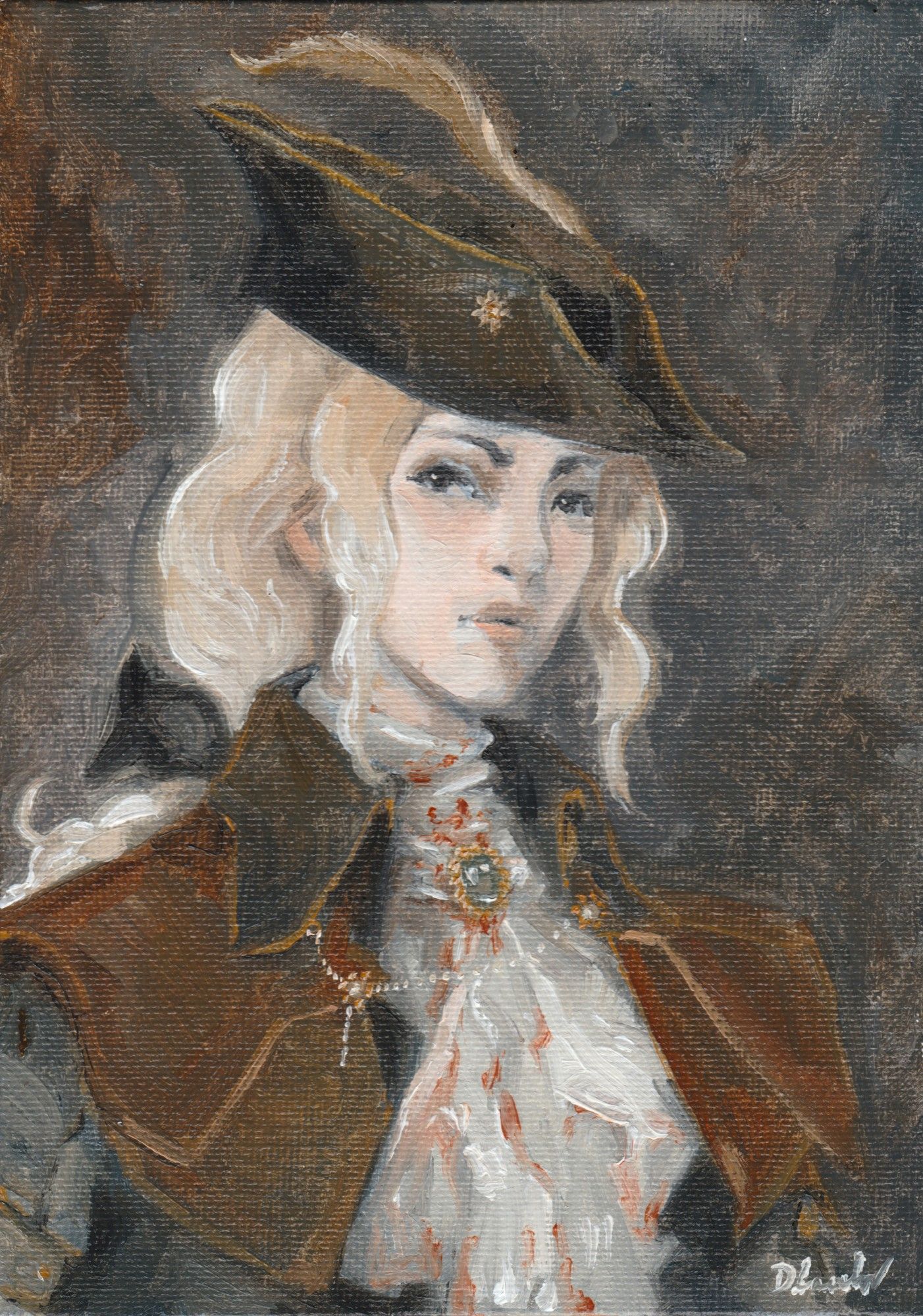 Oil painting of Lady Maria of the Astral Clocktower from Bloodborne. Lady Maria wears a black hat with a long feather attached. Her hair is white blonde, slightly wavy, and pulled back into a ponytail which sits behind her shoulders. It is tied with a black bow. She wears a white, bloodstained cravat  with a green gem in the centre. Her coat is black with a high collar, and brown leather armour sits on her shoulders and is fastened together by a thin chain. The painting strokes are roughly applied to evoke texture. The background is dark grey