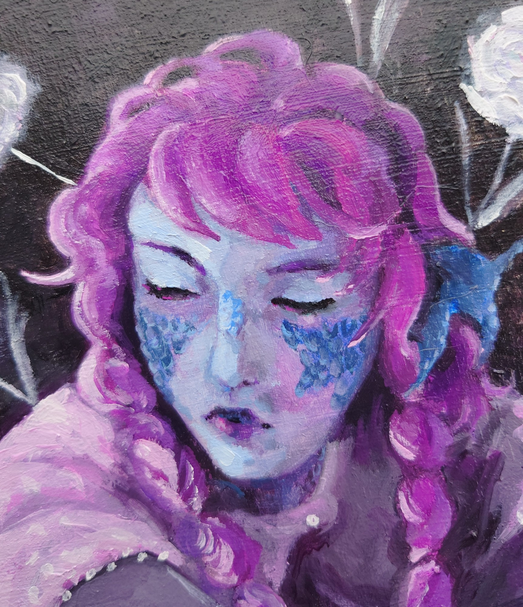 A close up crop of the woman's face showing the details of the blue scales on her cheeks