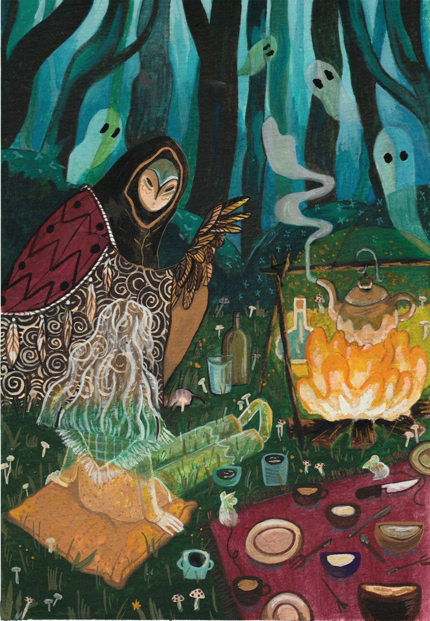 Gouache painting of a translucent ghost girl sitting on a yellow pillow beside an owl creature wearing a red and heavily patterned shawl. They are both sitting beside a fire warming a tea pot. There is a picnic spread laid out with ghost mice sitting on the cloth. All of these creatures are in the woods. The colour scheme is in various hues of blue giving the impression that it is late evening. There are ghosts coming out of the trees to join the picnic so no one is left out or lonely