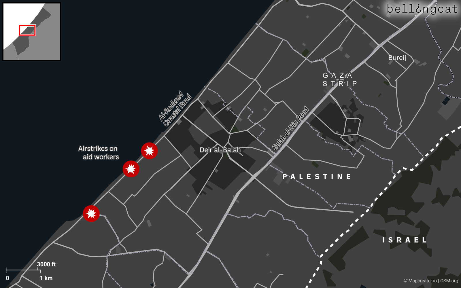 A map showing the location of the airstrikes. Bellingcat geolocated the vehicles to the outskirts of Deir al-Balah when they were struck- not far from where WCK facilities are based in Deir al-Balah.