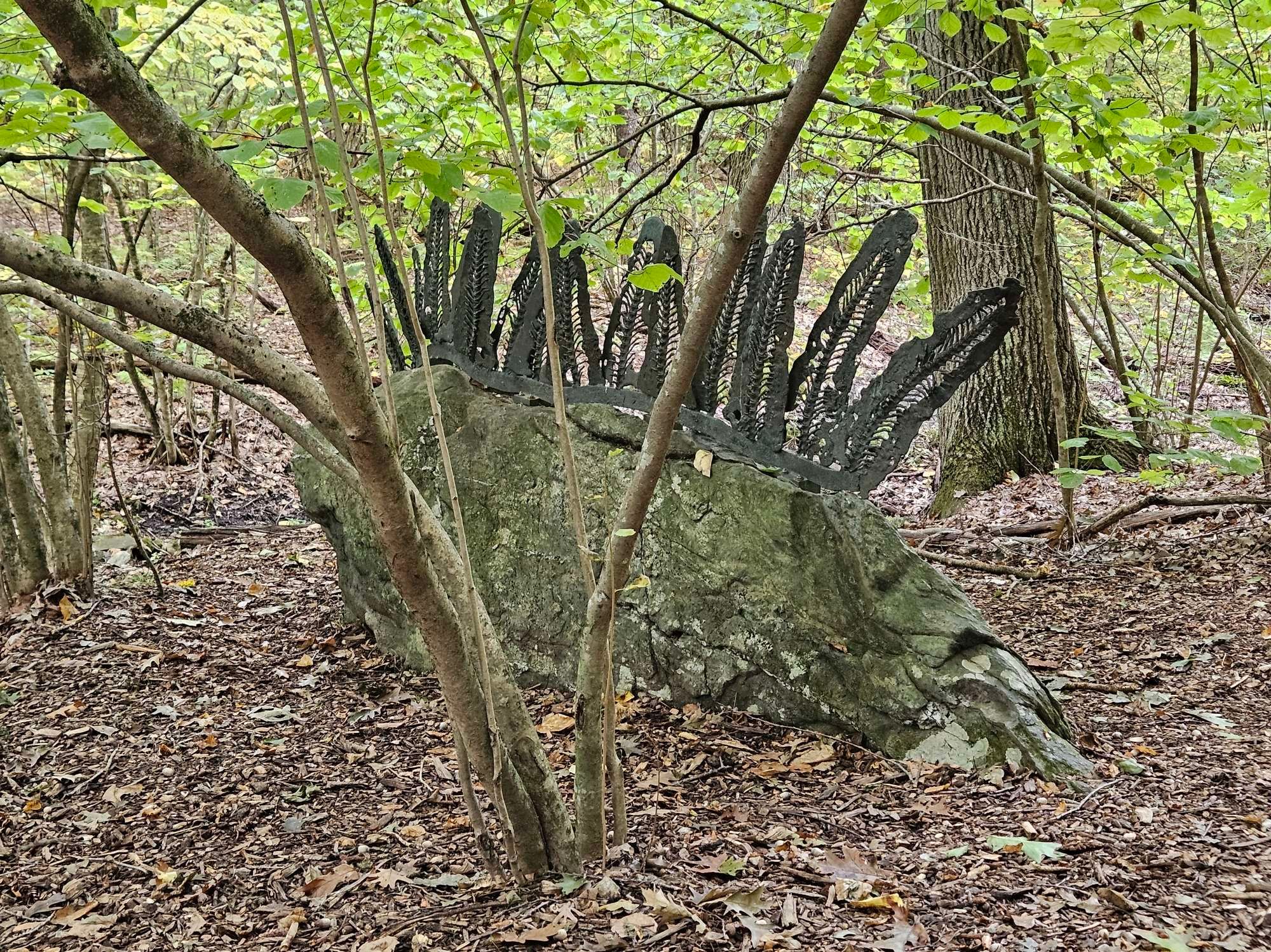 A large oblong shaped rock with a ridge of metal spike like structures placed along its back.