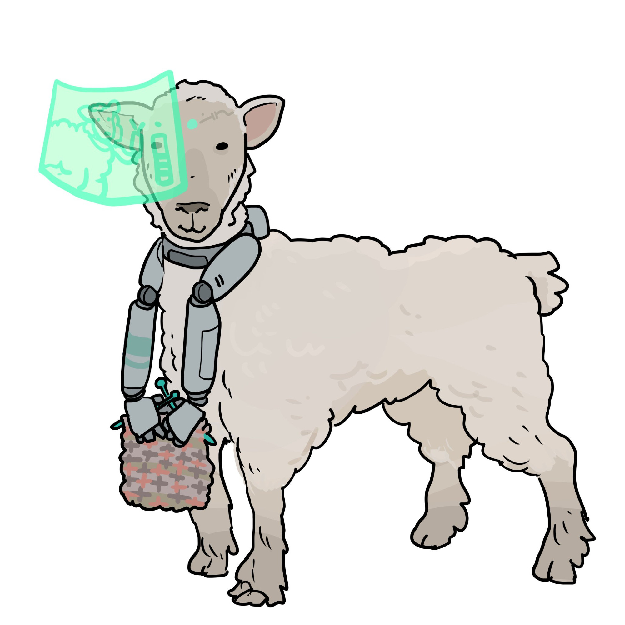 A sheep with a green glowing implant under the skin on her forehead and a pair of robotic arms attached to a collar around her neck. She is using her robotic arms to knit while speaking with another sheep on a hologram call.