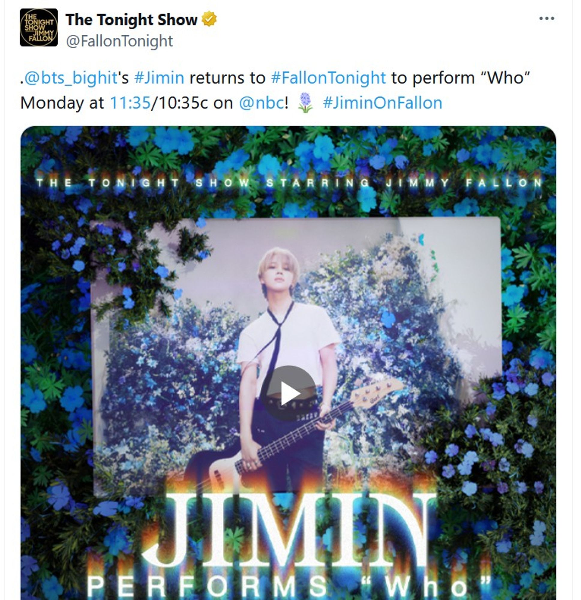 A screenshot of the Tonight Show account, promoting Jimin's performance of Who on Monday night. Check your local listings!