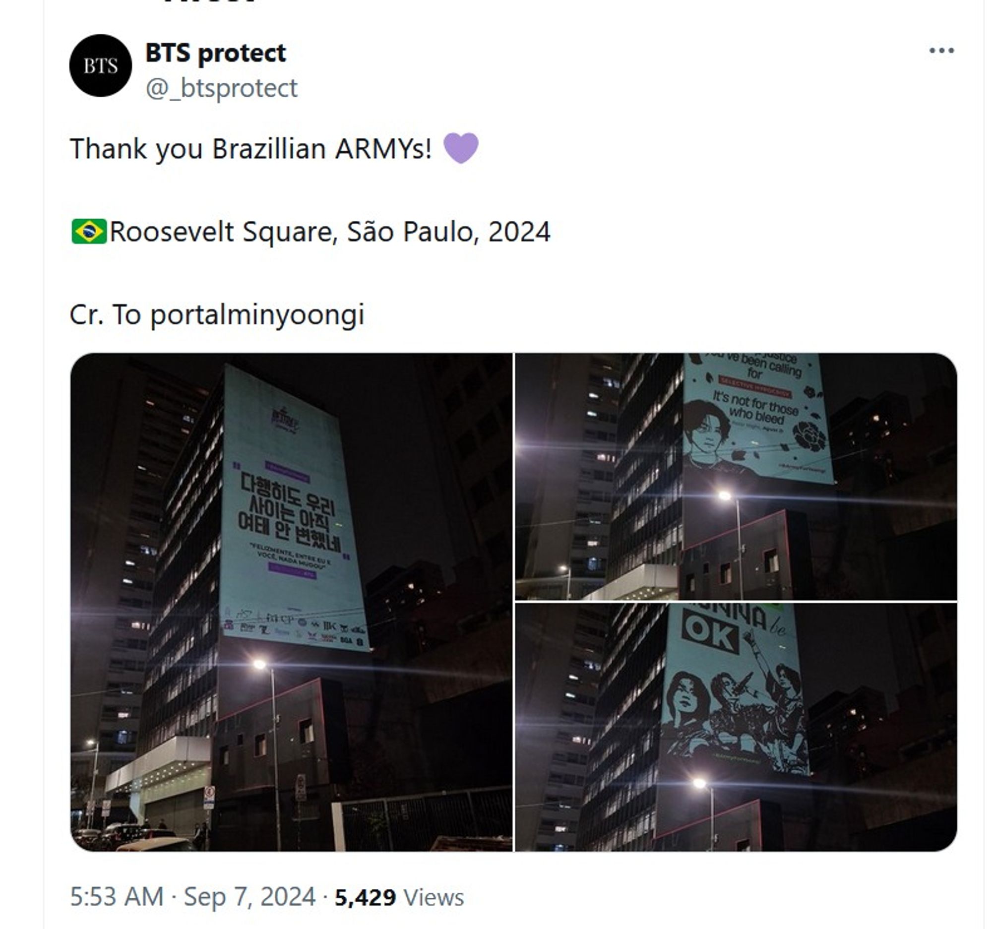 From @btsprotect - Thank you Brazilian ARMYs! 💜 Pictures of Roosevelt Square, Sao Paulo, 2024