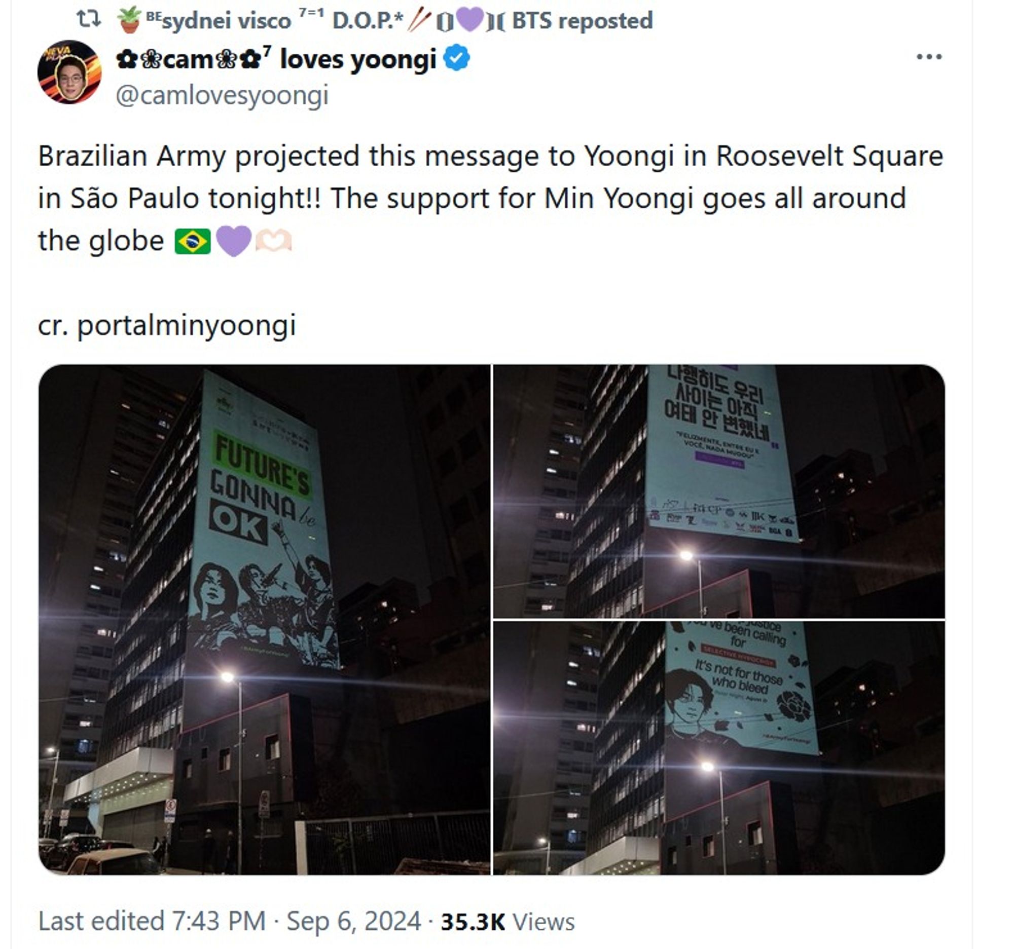 from @camlovesyoongi - Brazilian Army projected this message to Yoongi in Roosevelt Square in Sao Paulo tonight! The support for Min Yoongi goes all around the globe.