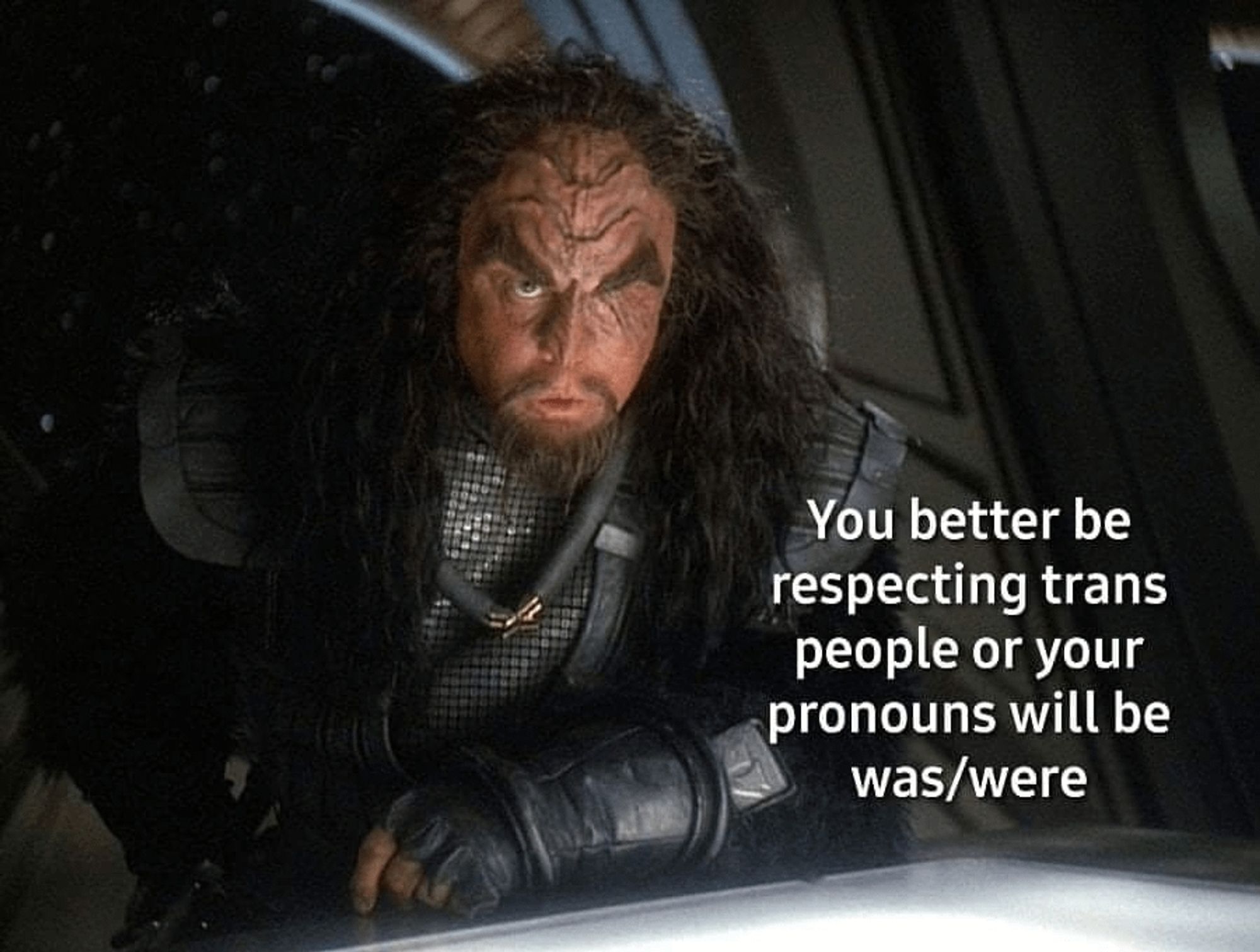 Der Klingone Martok aus StarTrek sagt: Du respektierst besser Transpersonen oder dein Pronomen lautet "war".