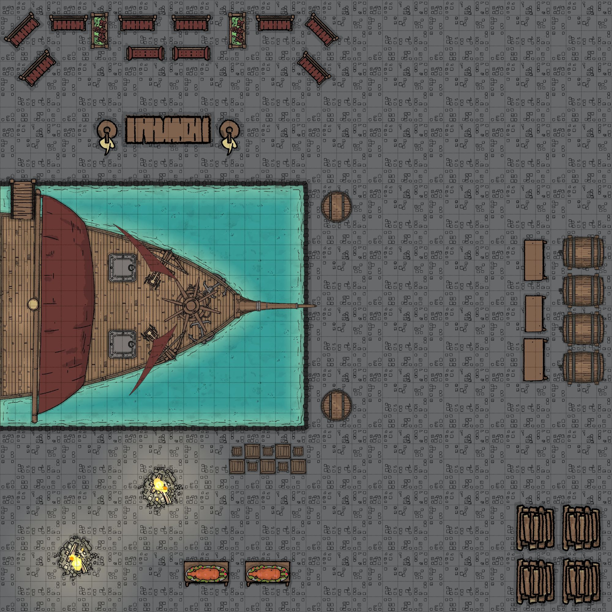 Battlemap für ein Rollenspiel
Grauer Hintergrund mit Steinpflastermuster
Hafenbecken in dem ein Schiff schwimmt.