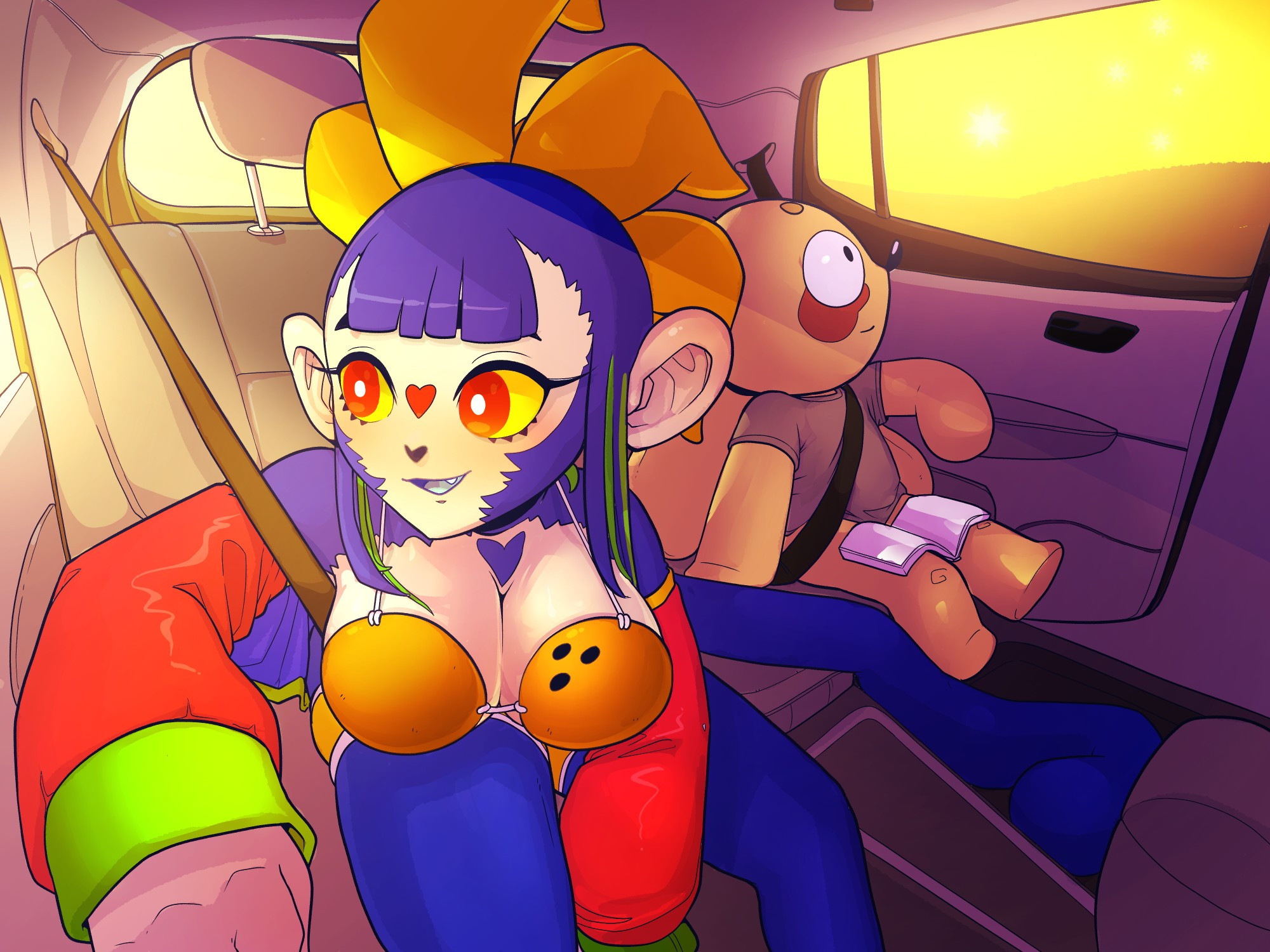 Two characters sitting in the back of a car travelling at sunset, one is streamer and artist Percivore's monkey vtuber persona, the other is that of artwomble. They both look out of their respective windows at the golden light surrounding them