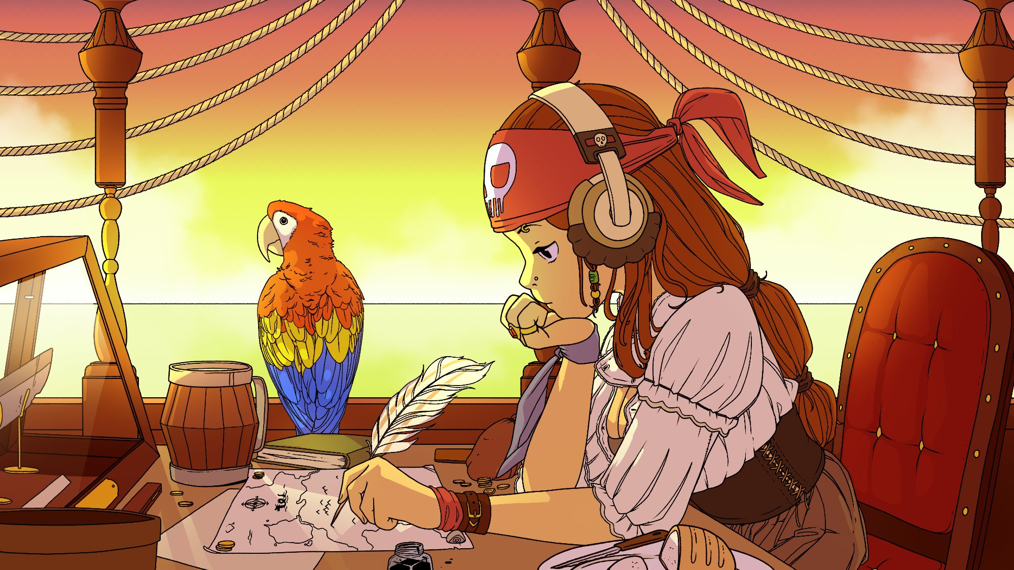 A redraw of a classic "lo-fi girl" scene drawn in the style of a pirate setting. A girl pirate listens to music whilst drawing on a map and surrounded by trinkets and effects from her pirate life. A parrot sits on the open siding of the boat looking out into the ocean.