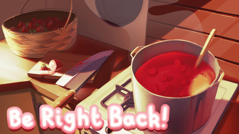 Animated image of a strawberry syrup simmering on a warm stove-top, next to a large knife with a half sliced strawberry on a chopping board with the text "be right back" in the bottom left corner. This drawing was made to serve as a "brb" screen for a streamer on twitch.